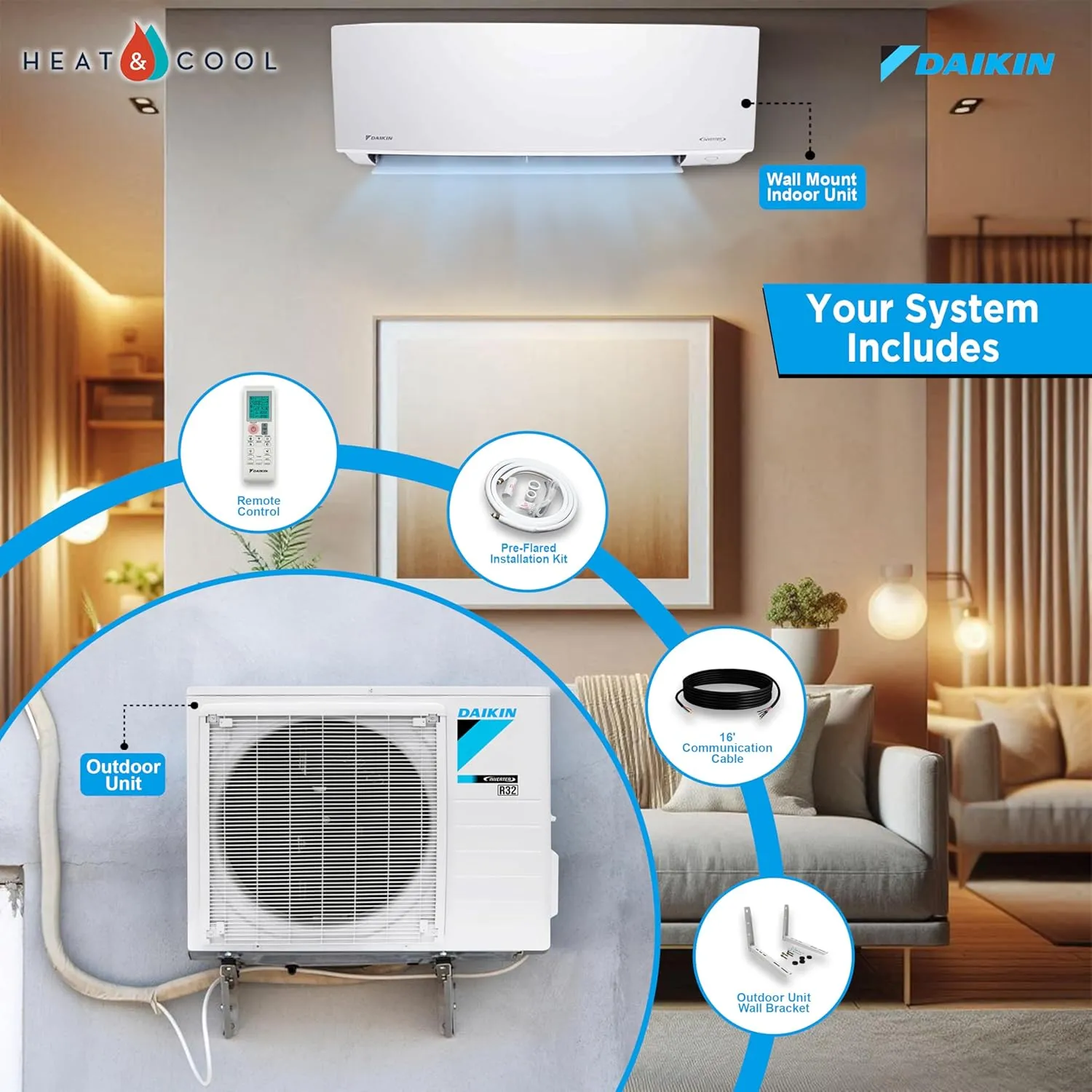 Daikin 12,000 Btu 21 SEER2 Oterra Series Ductless Mini-Split Wall Mount Heat Pump Air Conditioner - R32 w/Installation Kit, 1/2 Whip, 30A Disconnect and Wall Bracket