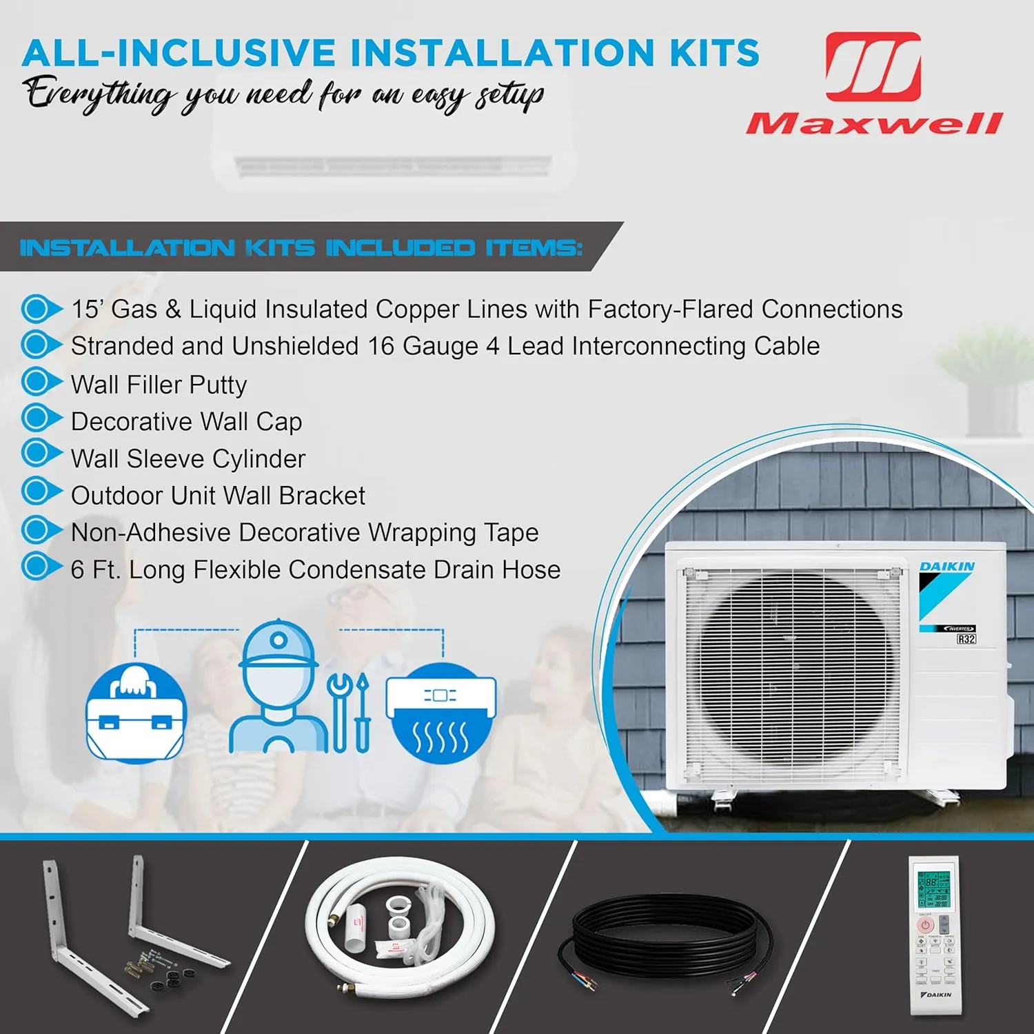 Daikin 12,000 Btu 21 SEER2 Oterra Series Ductless Mini-Split Wall Mount Heat Pump Air Conditioner - R32 w/Installation Kit, 1/2 Whip, 30A Disconnect and Wall Bracket