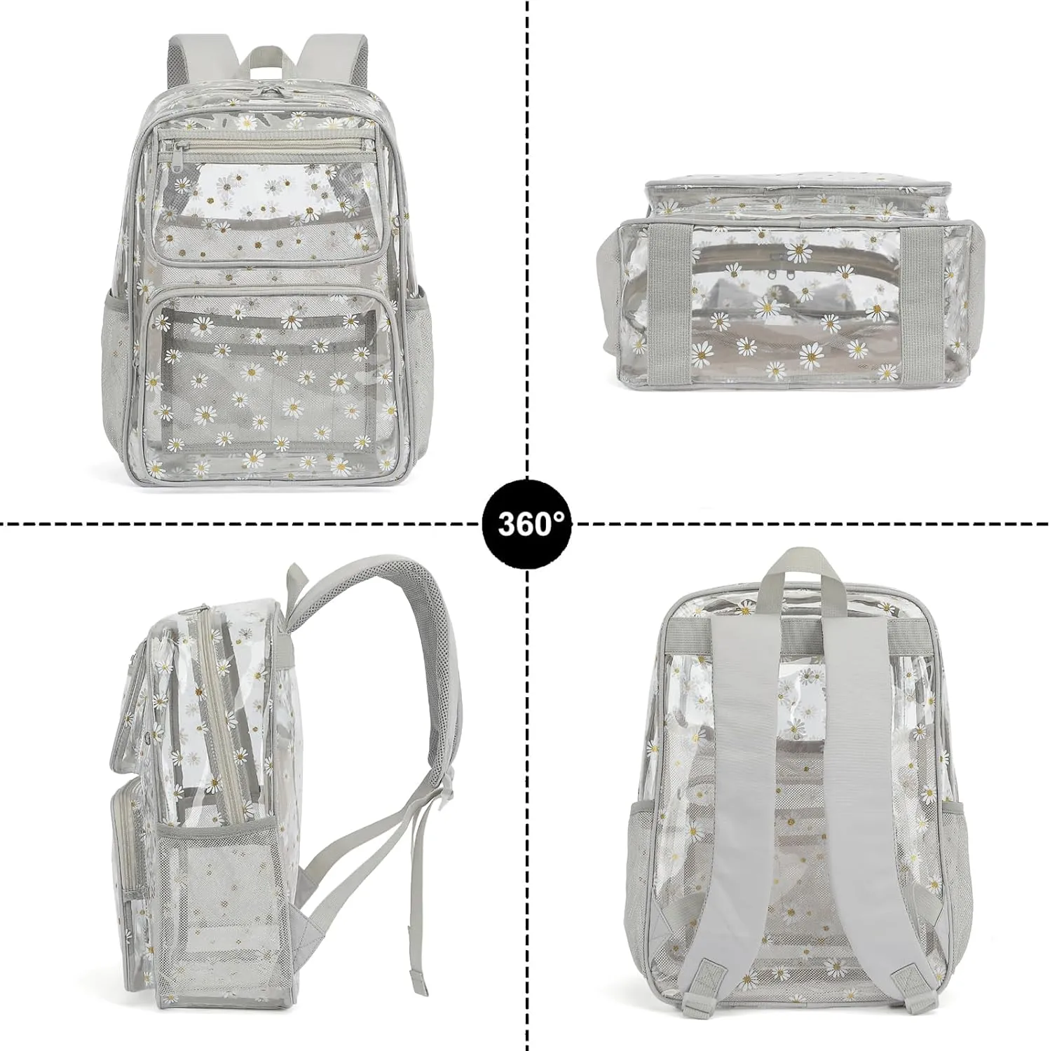 Daisy Clear Backpack for Girls Women, Heavy Duty Transparent School Backpack See Through Bookbag (Grey)