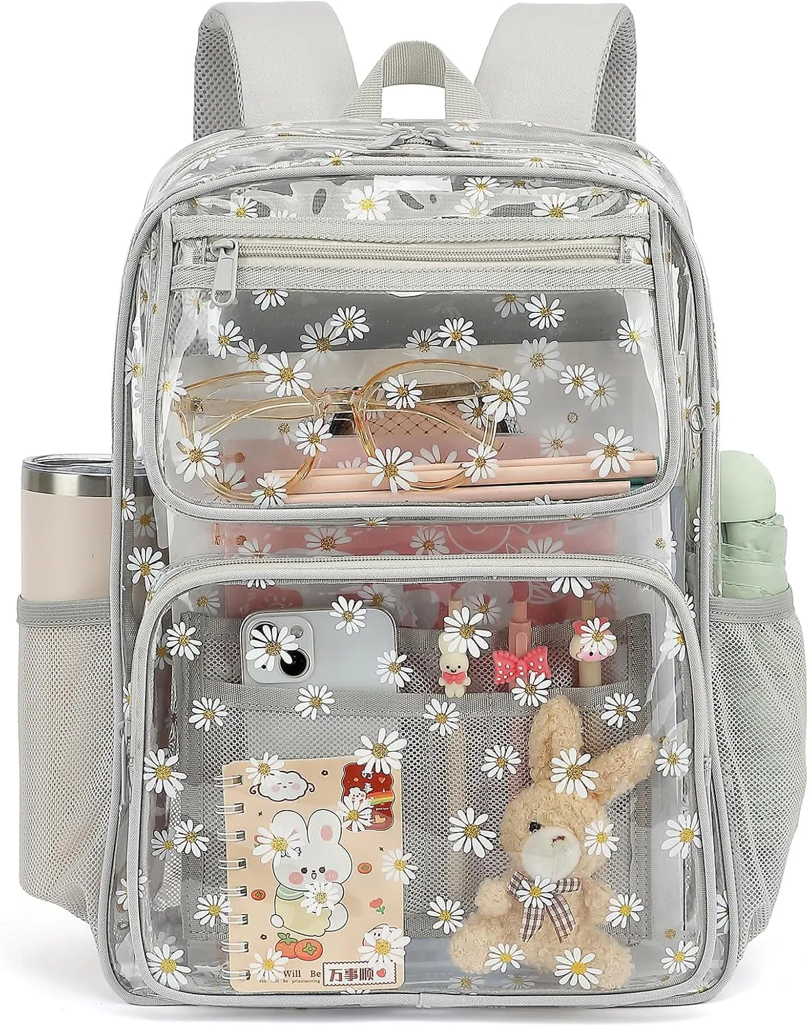 Daisy Clear Backpack for Girls Women, Heavy Duty Transparent School Backpack See Through Bookbag (Grey)