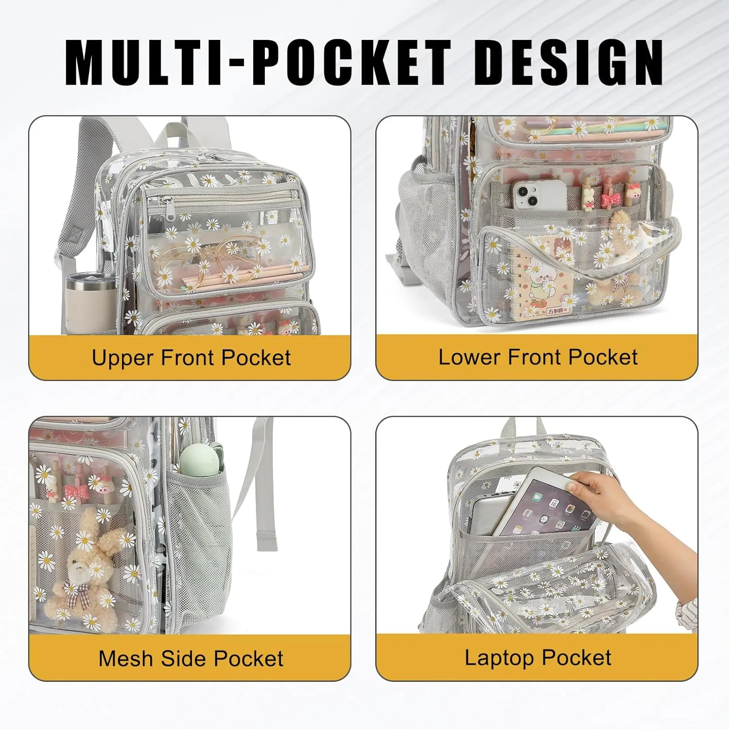 Daisy Clear Backpack for Girls Women, Heavy Duty Transparent School Backpack See Through Bookbag (Grey)