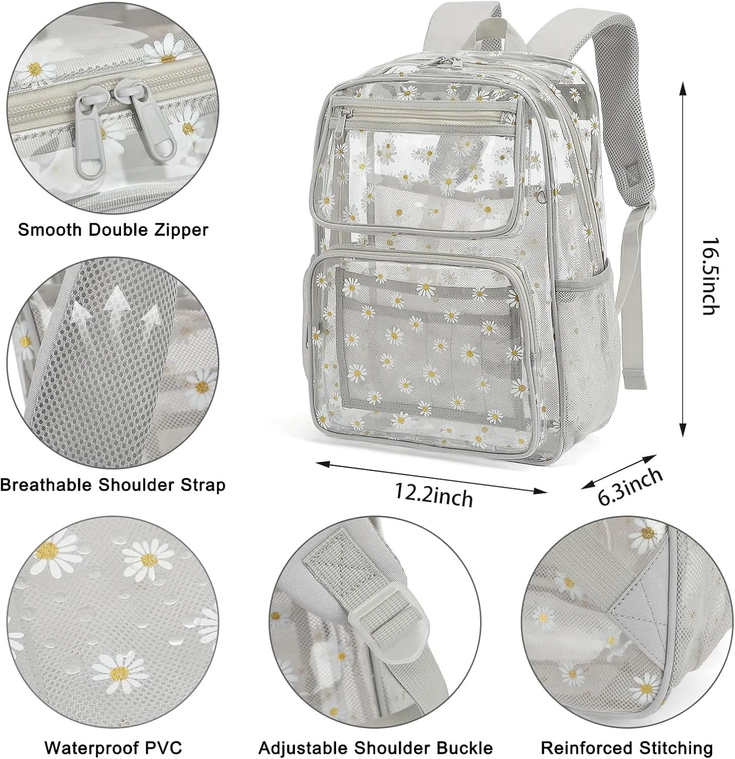 Daisy Clear Backpack for Girls Women, Heavy Duty Transparent School Backpack See Through Bookbag (Grey)
