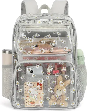 Daisy Clear Backpack for Girls Women, Heavy Duty Transparent School Backpack See Through Bookbag (Grey)