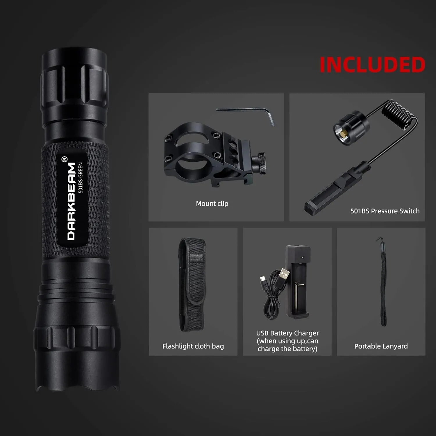 DARKBEAM Green Light Flashlight Tactical LED USB Rechargeable Zoomable Light Kit, Portable Mini Greenlight for Night Hunting, Observation, Fishing, Astronomy, Aviation, Rescue, with Clip
