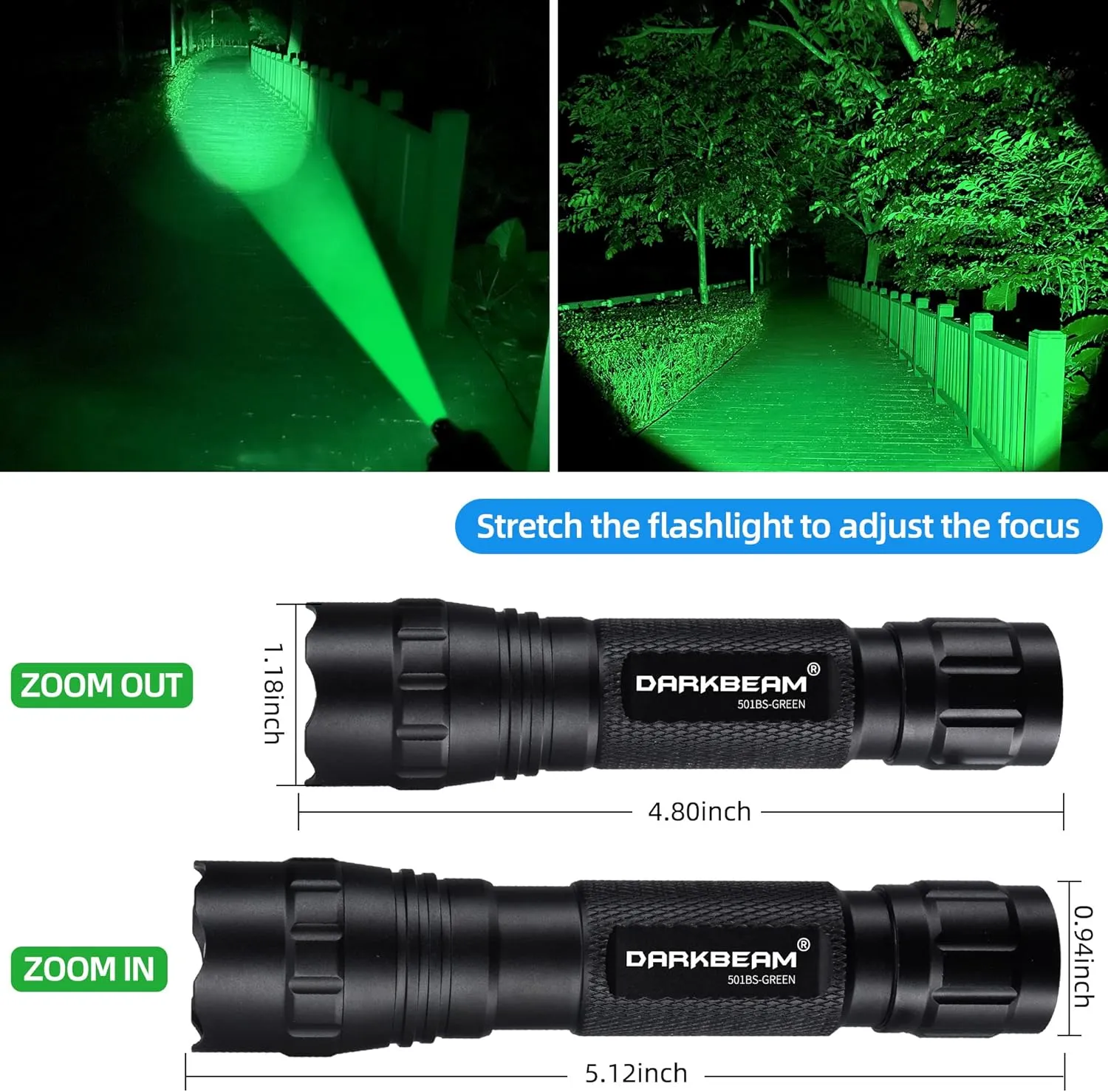 DARKBEAM Green Light Flashlight Tactical LED USB Rechargeable Zoomable Light Kit, Portable Mini Greenlight for Night Hunting, Observation, Fishing, Astronomy, Aviation, Rescue, with Clip