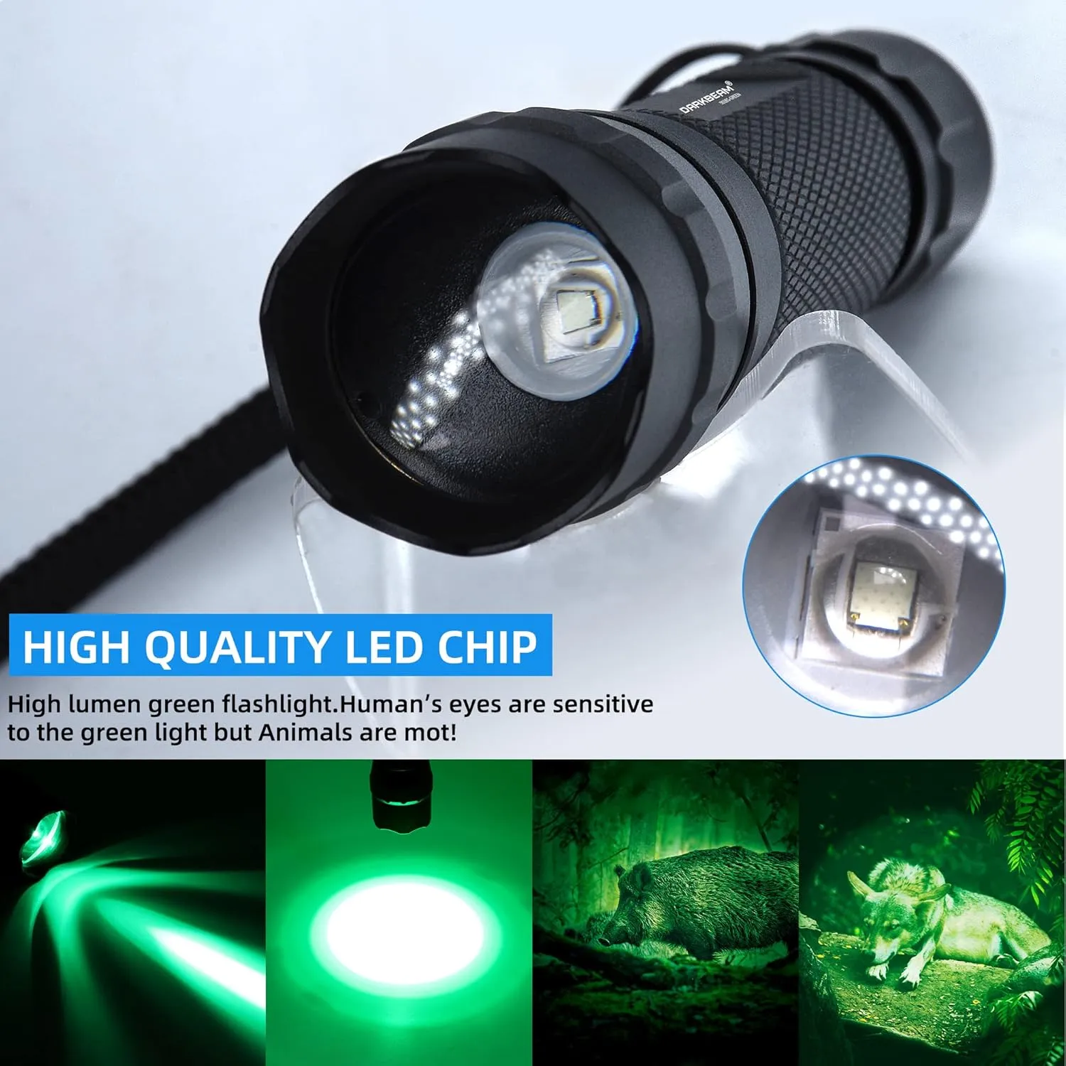 DARKBEAM Green Light Flashlight Tactical LED USB Rechargeable Zoomable Light Kit, Portable Mini Greenlight for Night Hunting, Observation, Fishing, Astronomy, Aviation, Rescue, with Clip
