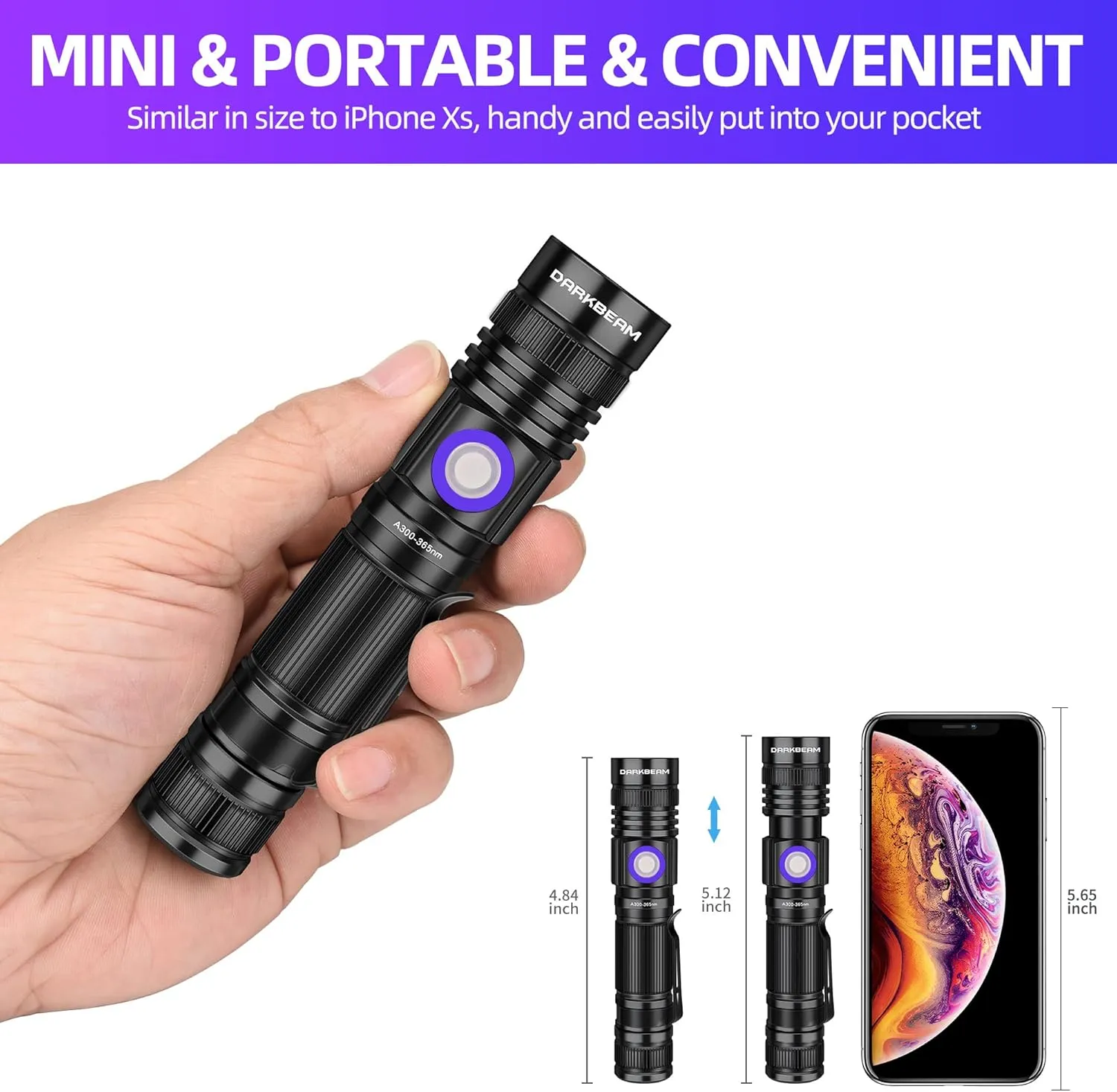 DARKBEAM UV 365nm Flashlight Blacklight Rechargeable USB Wood’s lamp Handheld Ultraviolet Black Light LED Portable, Pet Urine Detector, Resin Curing, Appraisal, Fluorescent Detection, 2 Pack