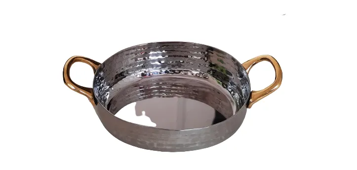 Deep Oval Shape Serving Pan #2, Hammered Finish, 700 ml, Brass Handles, Stainless Steel, 4.75"