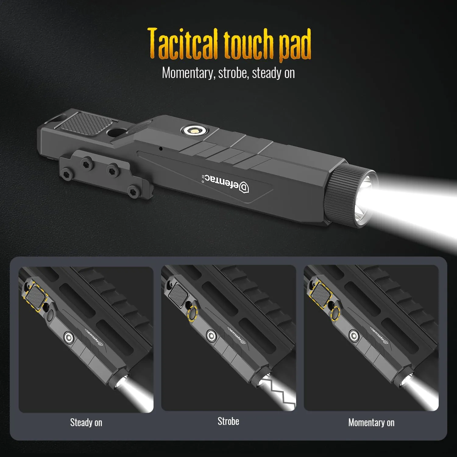 DEFENTAC 1600lm Tactical Flashlight Compatible with Mlok/Picatinny Rail for Rifle, Weapon Light with Momentary Strobe, Magnetic Rechargeable