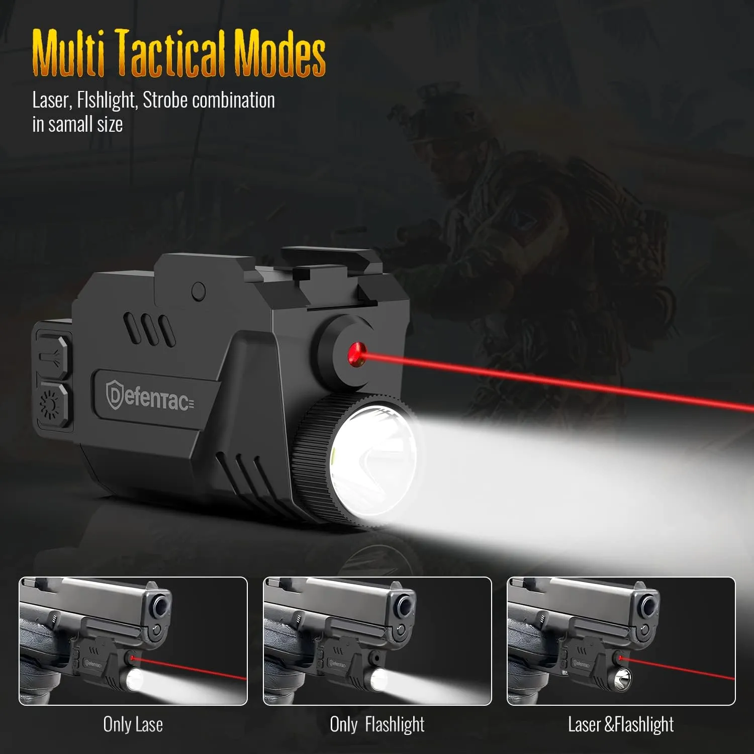 DEFENTAC 680 Lumens Pistol Light Laser Combo, Strobe Tactical Flashlight with Red/Green/Blue Beams for Compact Guns W/a Rail, Rechargeable, Adjustable (680 Lumens, 680lm Red Laser Light Combo)