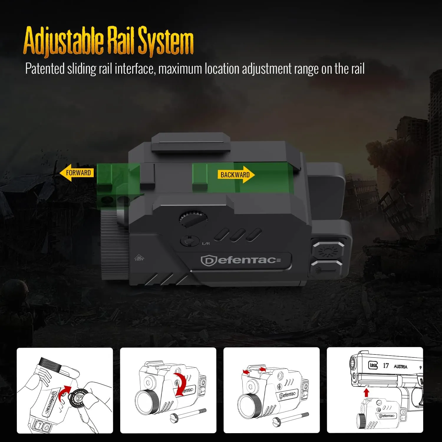 DEFENTAC 680 Lumens Pistol Light Laser Combo, Strobe Tactical Flashlight with Red/Green/Blue Beams for Compact Guns W/a Rail, Rechargeable, Adjustable (680 Lumens, 680lm Red Laser Light Combo)