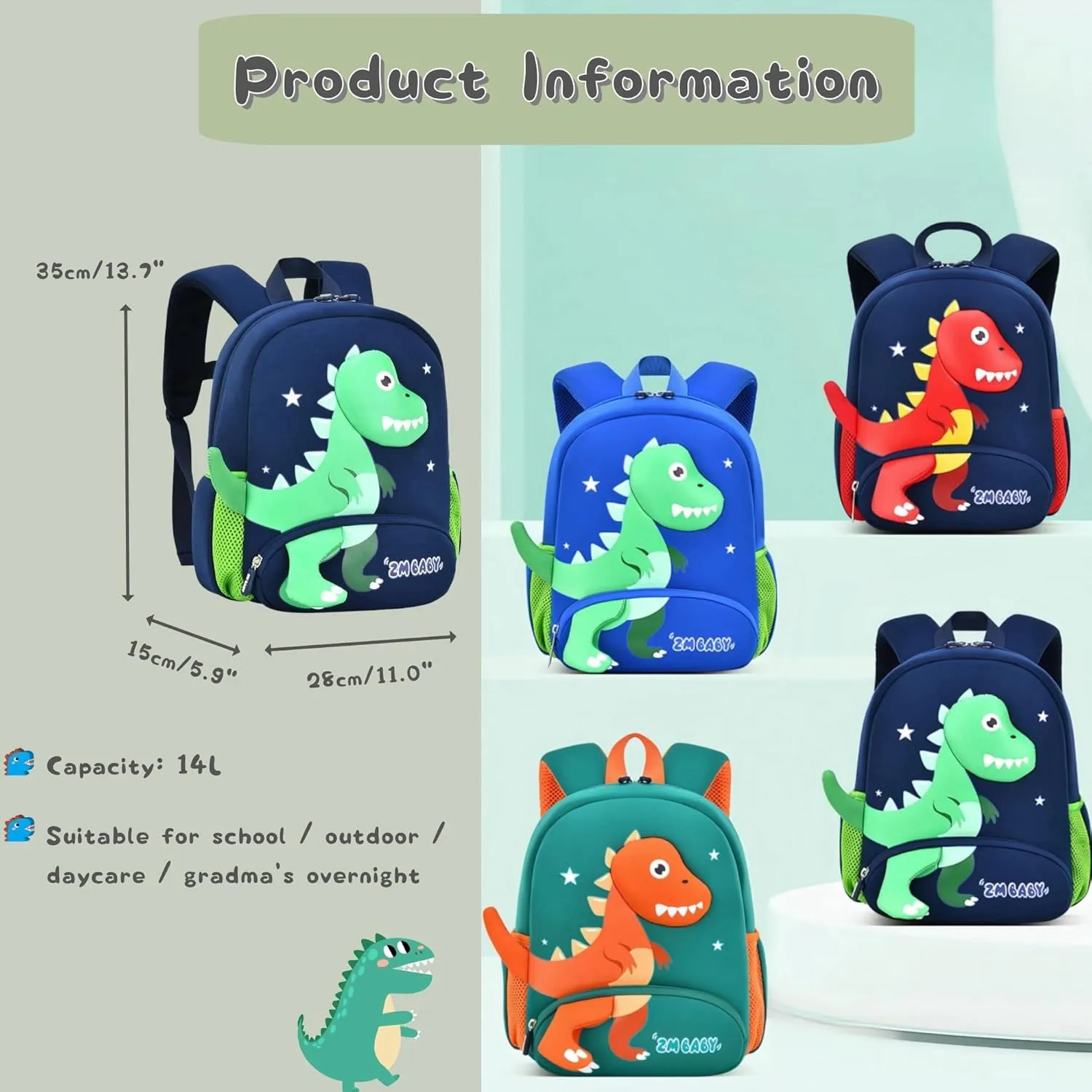 Dinosaur Boys Backpack for Toddler Kids, Anti-lost Bookbag for Toddler Boys Preschool Backpack, Suitable for Boys Ages 3-5, 02-Dark-blue Green