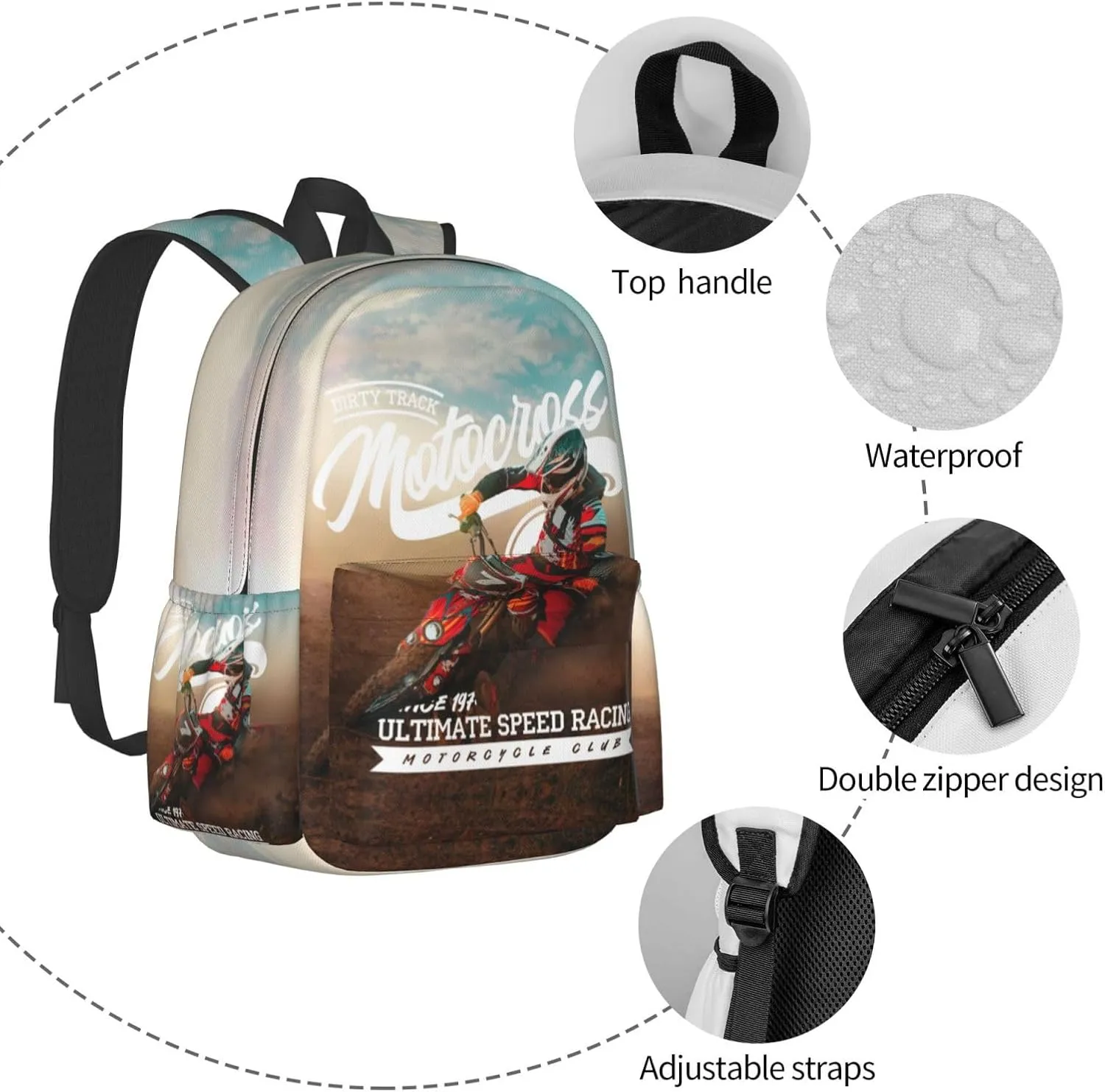 Dirt-Bike Motocross Motorcycle Vehicle Backpack School Bag Lightweight Bookbag Casual Daypack for Girls Boys Kids Women Men Travel Laptop 16 Inch