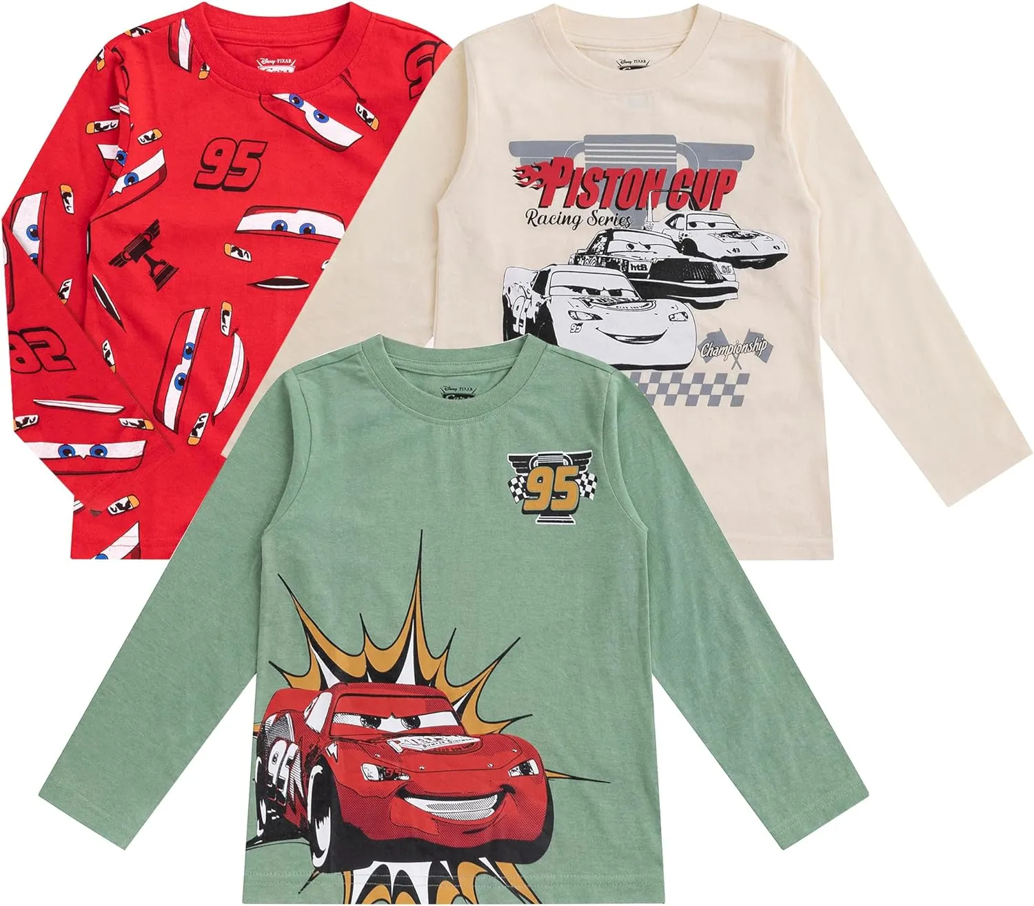 Disney Cars Lightning McQueen Boys 3 Pack Long Sleeve Shirt for Toddler and Big Kids