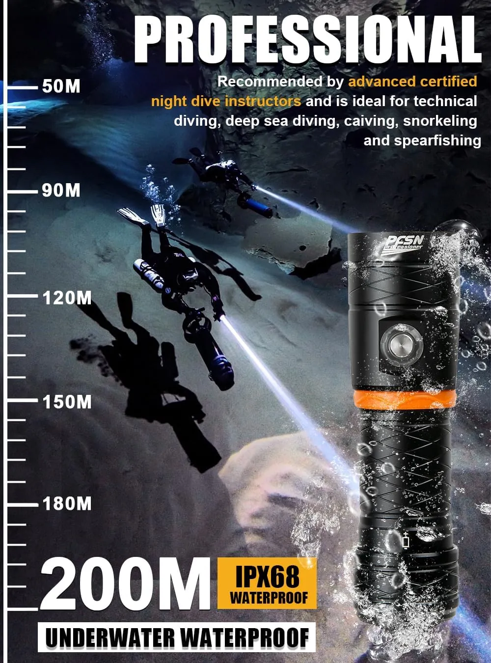 Dive Light Scuba Diving Flashlight - PFSN High Lumens Underwater Flashlight for Diving, Professional Diving Light with 400m Beam Distance, 20Hrs Long-Lasting, Rechargeable Waterproof LED Dive Torch