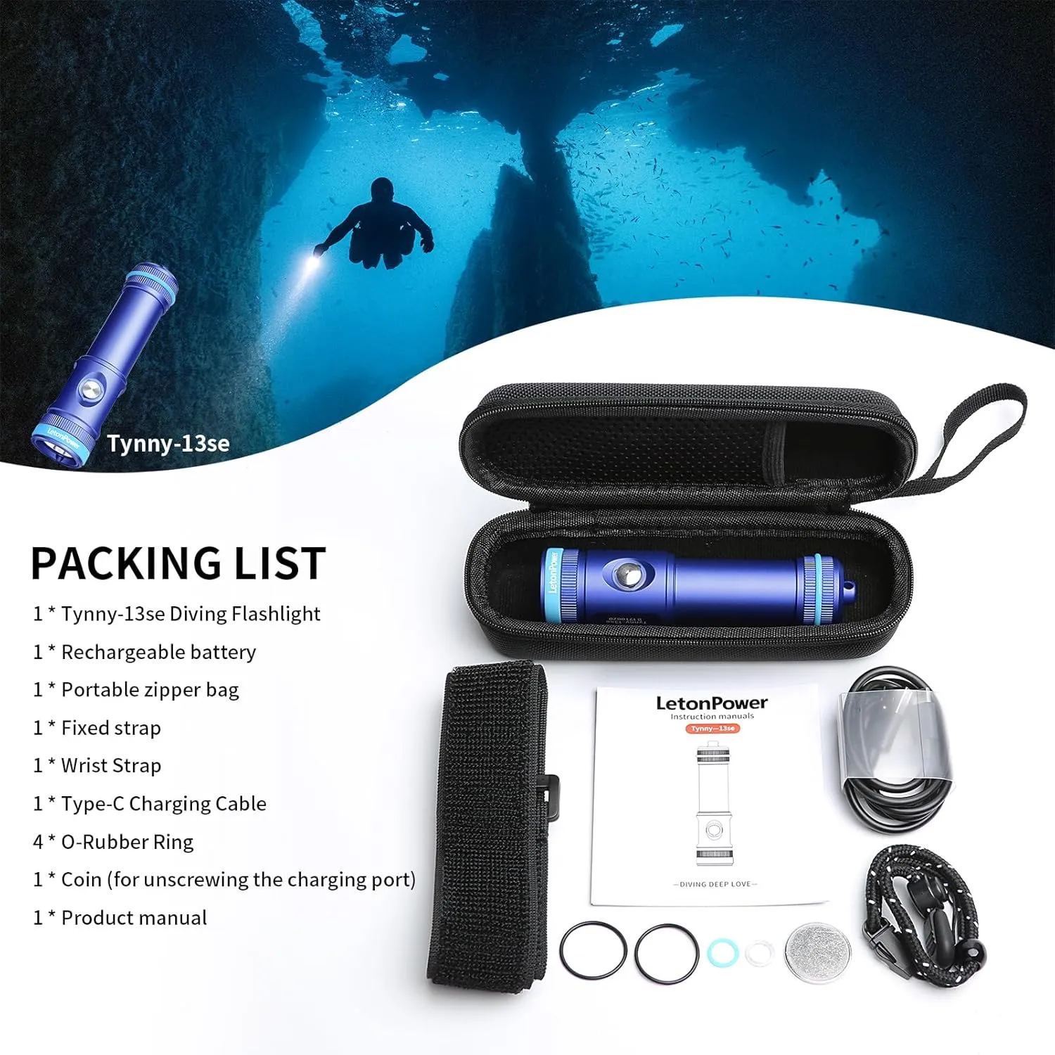 Dive Light Underwater Flashlight, DiveSnorkeling Light with Type-C Charging for Scuba Diving Flashlight