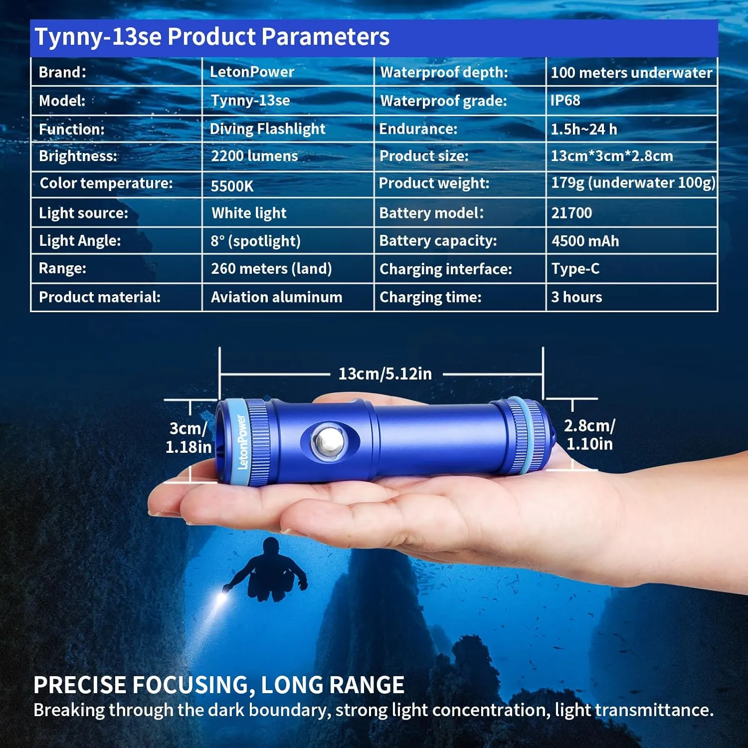 Dive Light Underwater Flashlight, DiveSnorkeling Light with Type-C Charging for Scuba Diving Flashlight