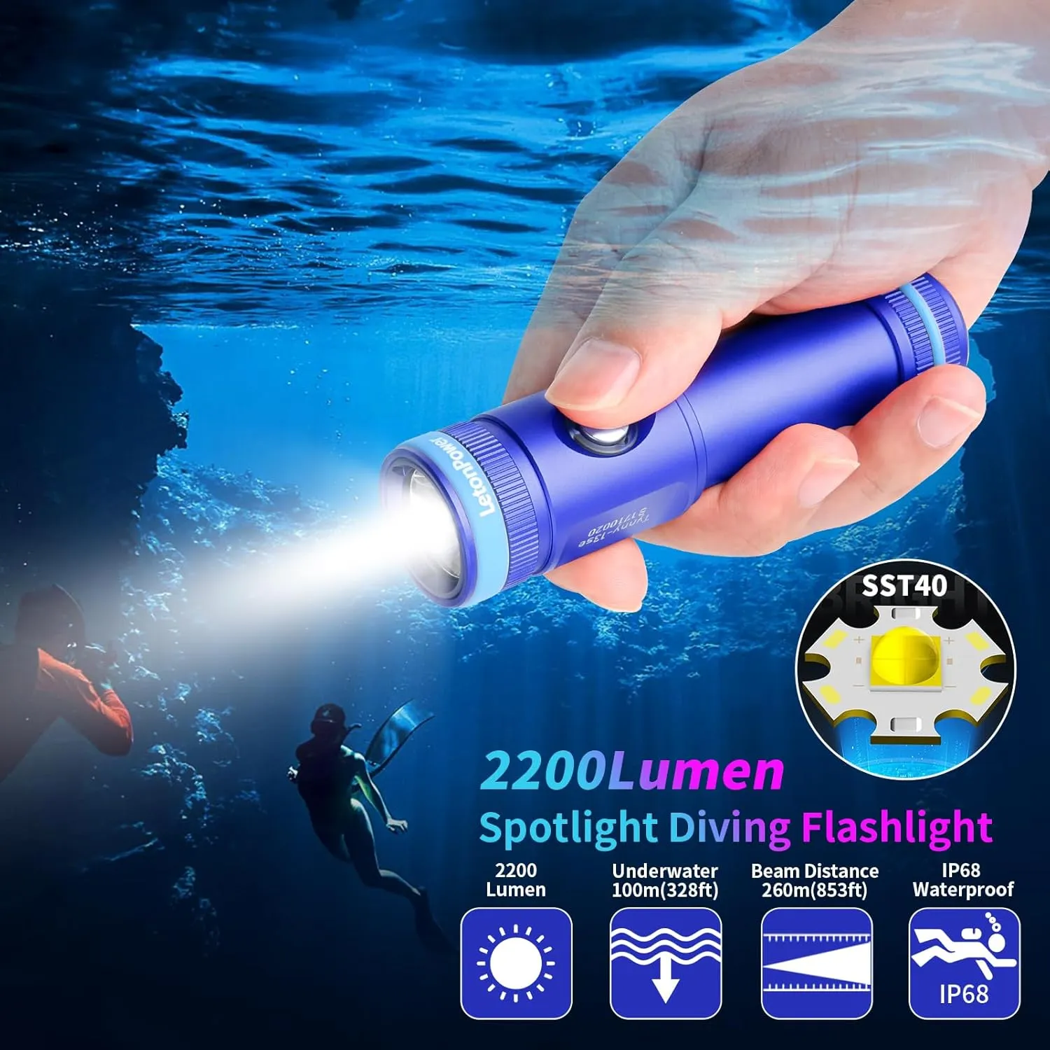 Dive Light Underwater Flashlight, DiveSnorkeling Light with Type-C Charging for Scuba Diving Flashlight