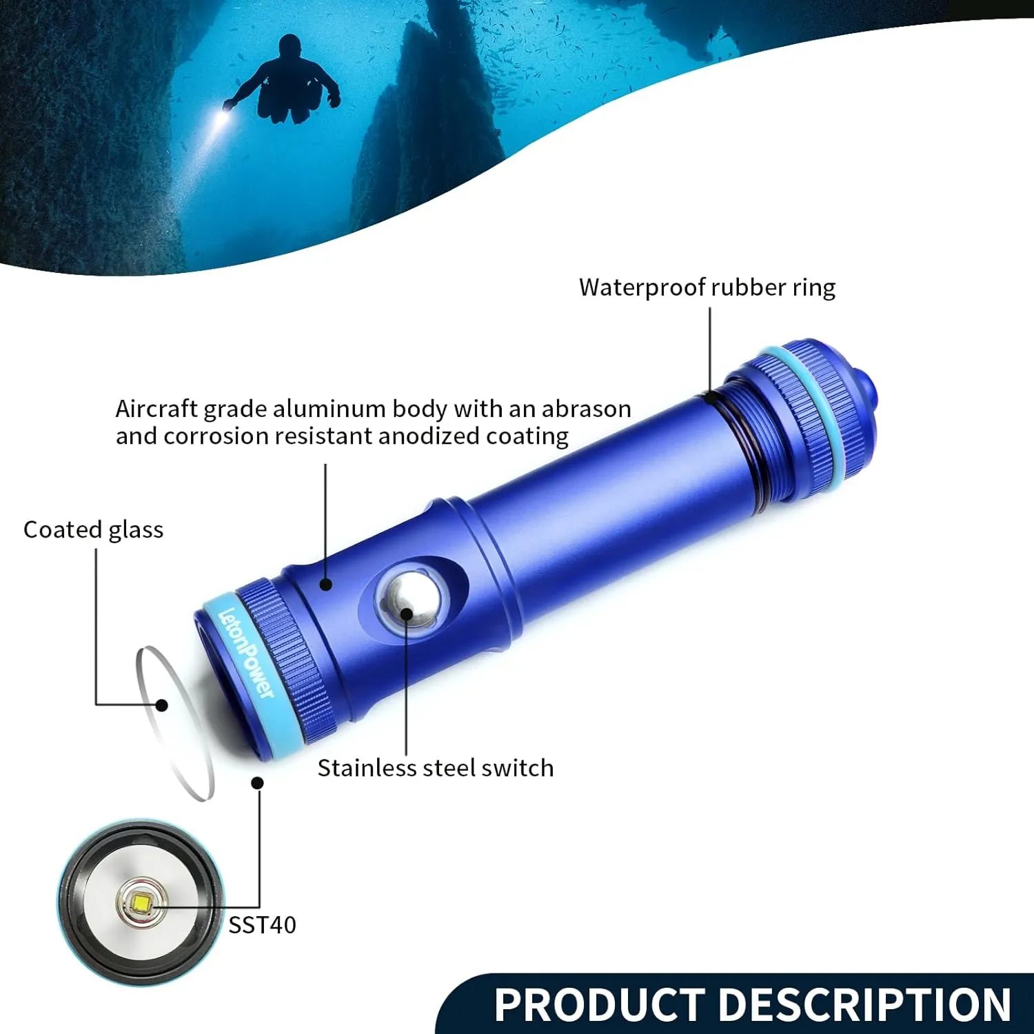Dive Light Underwater Flashlight, DiveSnorkeling Light with Type-C Charging for Scuba Diving Flashlight
