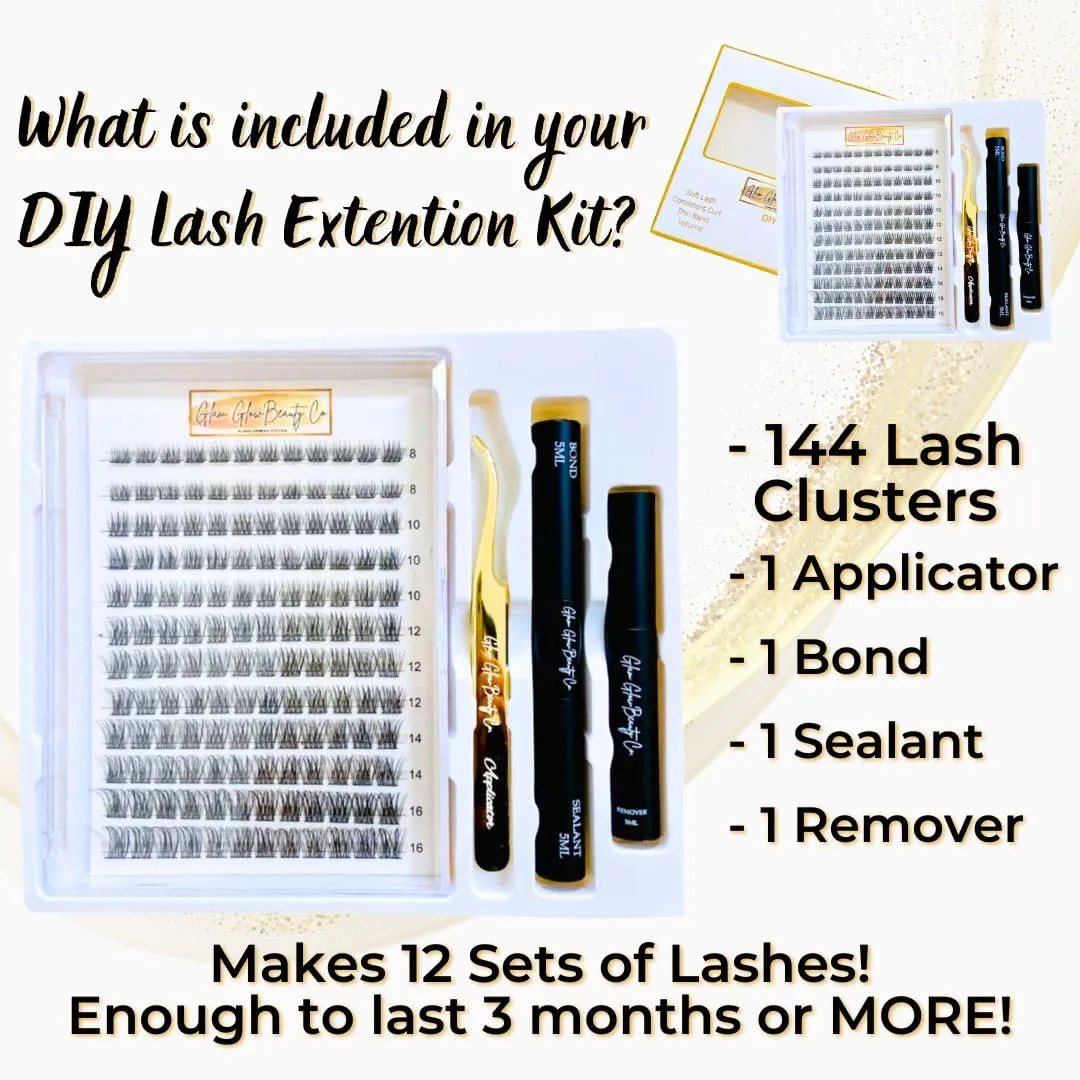 DIY Eye Lash Extension Kit Bond Seal Remover and Applicator, Natural Volume False Eyelashes, Waterproof Easy Overnight Long Lasting Individual Cluster Fake Lashes 10 day (Wispy Natural Glam, 8-16 mm)