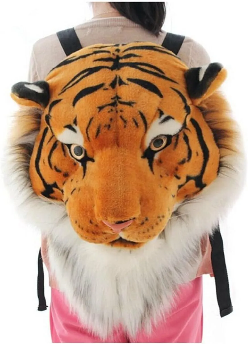 Domineering backpack stuffed tiger head 3D simulation personalised shoulder Bag Animal head shoulders bag (large, tiger yellow)