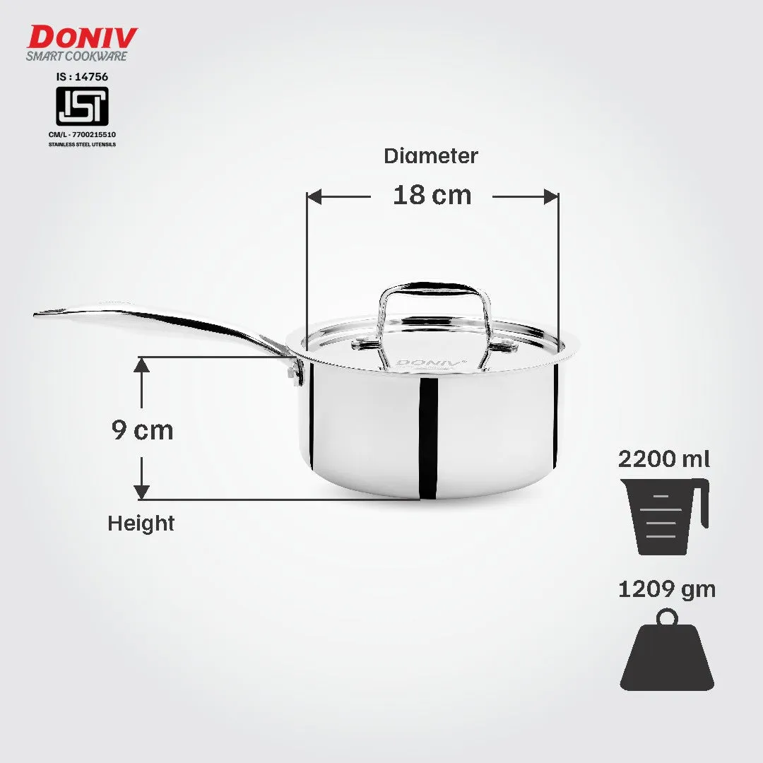 Doniv Titanium Triply Stainless Steel Sauce Pan with Cover 18 cm, Capacity 2.2 Liter, Induction Friendly