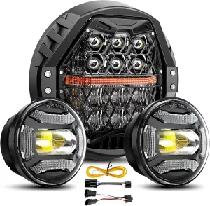 DOT Approved 1200% Bright 180W 7'' Motorcycles LED Headlight with 4.5'' LED Passing lights Compatible with Road King Road Glide Street Glide Electra Glide Ultra Limited Trike Heritage Softail Fat Boy