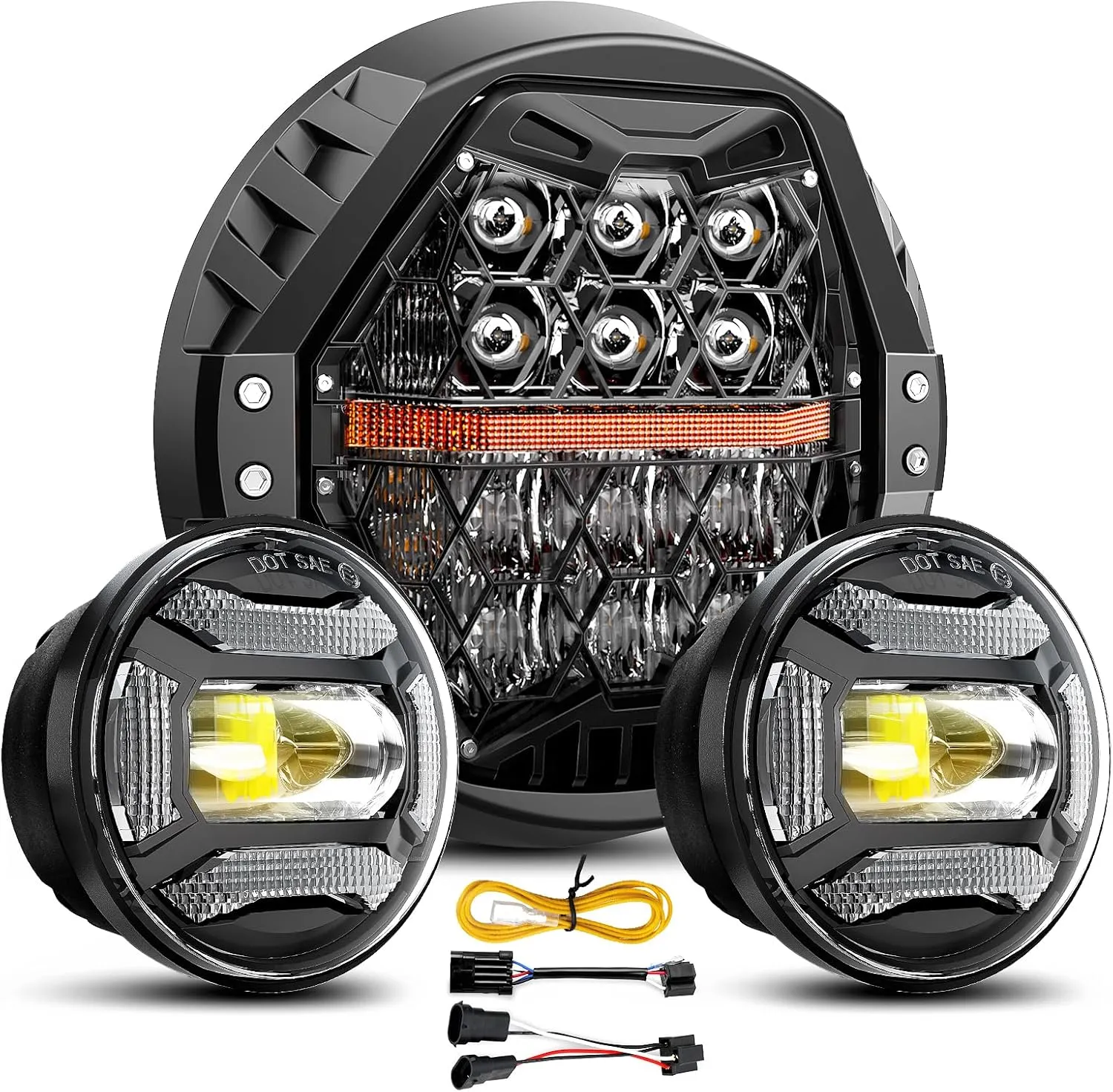 DOT Approved 1200% Bright 180W 7'' Motorcycles LED Headlight with 4.5'' LED Passing lights Compatible with Road King Road Glide Street Glide Electra Glide Ultra Limited Trike Heritage Softail Fat Boy