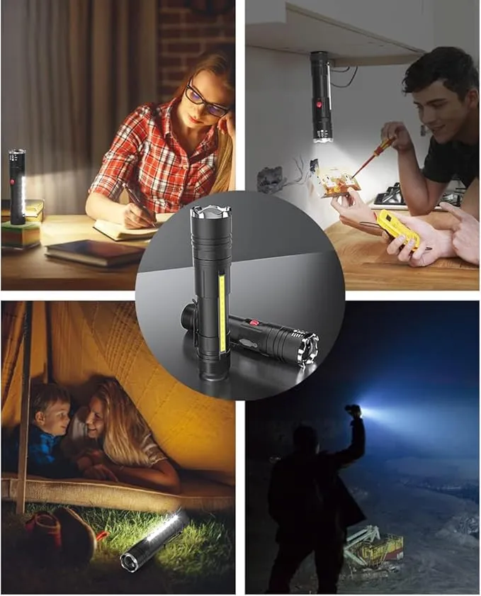 DPZTT Rechargeable Flashlight, Magnetic Led Flashlight, Super Bright Pocket-Sized Work Flashlights with Clip, 4 Modes, Zoomable, Water Resistant for Camping Hiking-Black