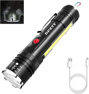 DPZTT Rechargeable Flashlight, Magnetic Led Flashlight, Super Bright Pocket-Sized Work Flashlights with Clip, 4 Modes, Zoomable, Water Resistant for Camping Hiking-Black