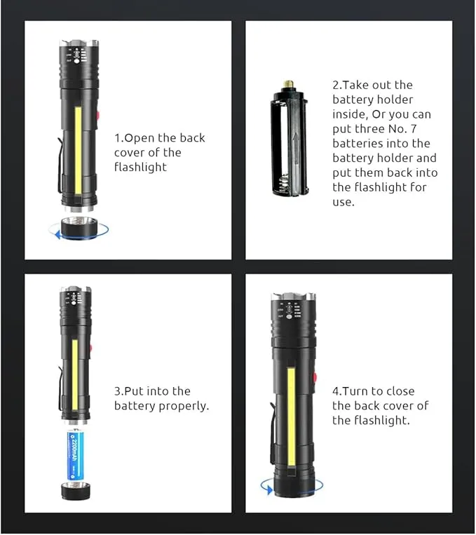 DPZTT Rechargeable Flashlight, Magnetic Led Flashlight, Super Bright Pocket-Sized Work Flashlights with Clip, 4 Modes, Zoomable, Water Resistant for Camping Hiking-Black