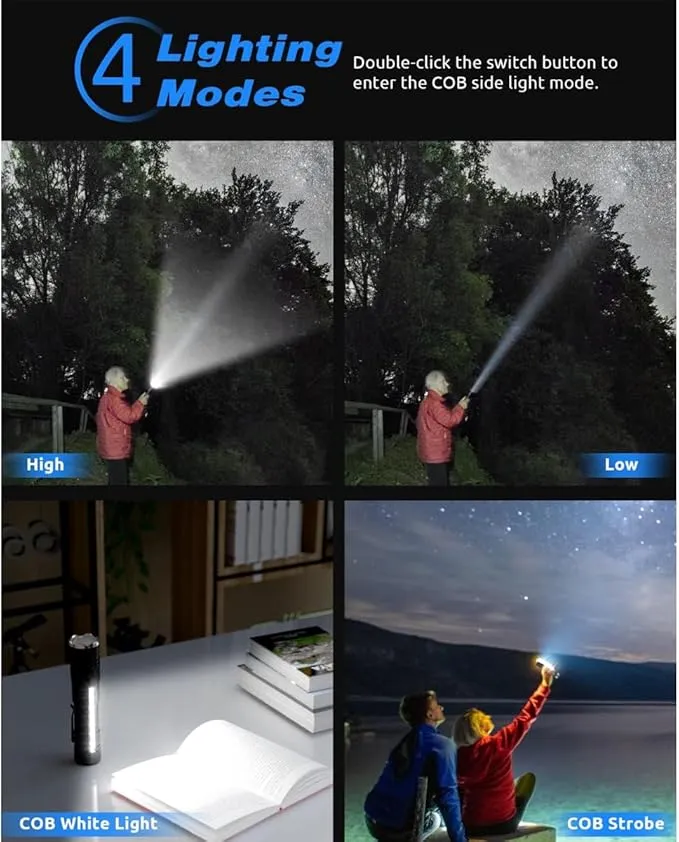 DPZTT Rechargeable Flashlight, Magnetic Led Flashlight, Super Bright Pocket-Sized Work Flashlights with Clip, 4 Modes, Zoomable, Water Resistant for Camping Hiking-Black
