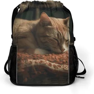 Drawstring Backpack for Women Sleeping Cat Travel Backpack for Men Drawstring Bag Zipper Pocket Sport Bag