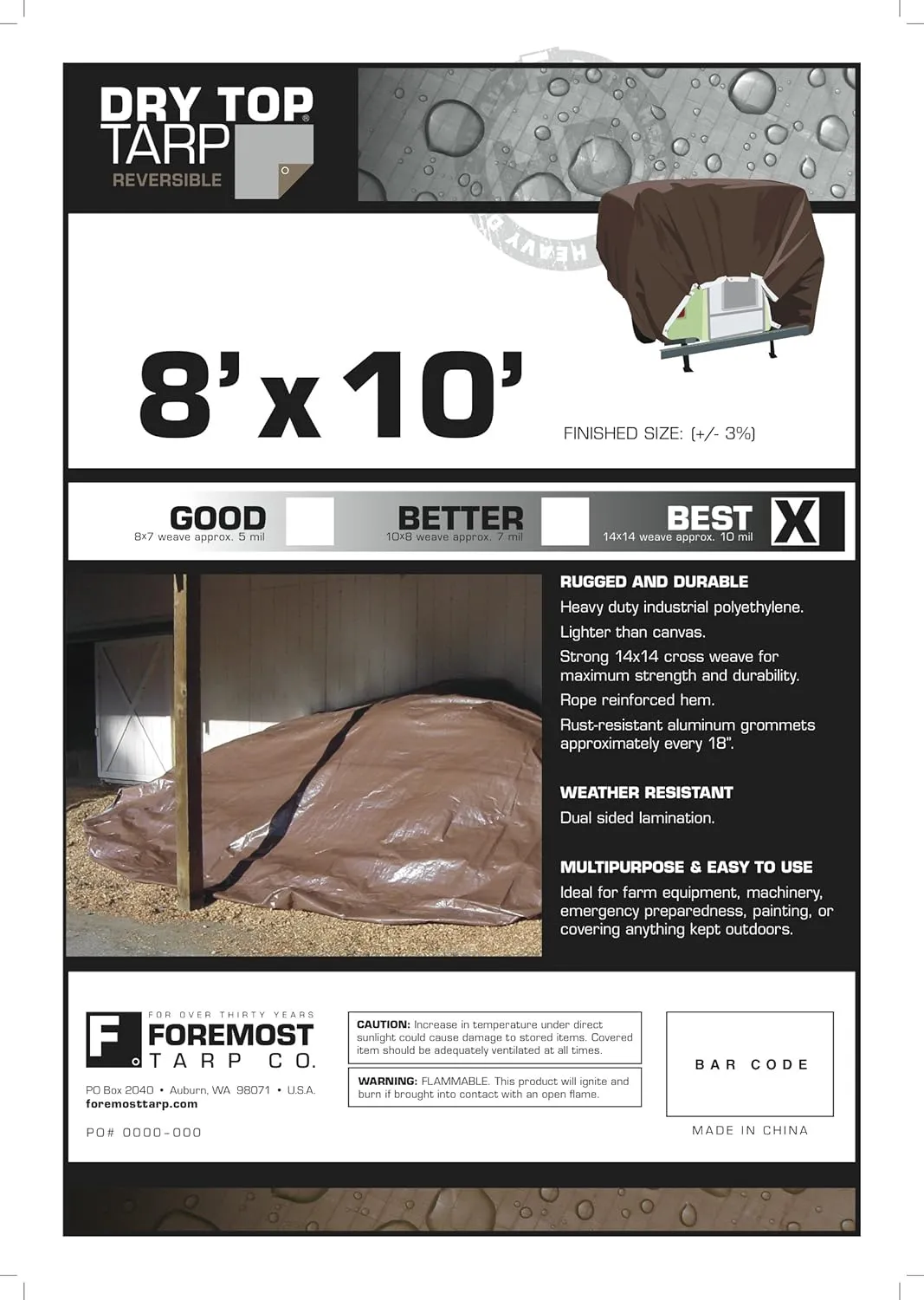 DRY TOP 20810 Silver/Brown 8' x 10' Heavy Duty Reversible Full Size 10-mil Poly Tarp item #208108, 8x10 Feet