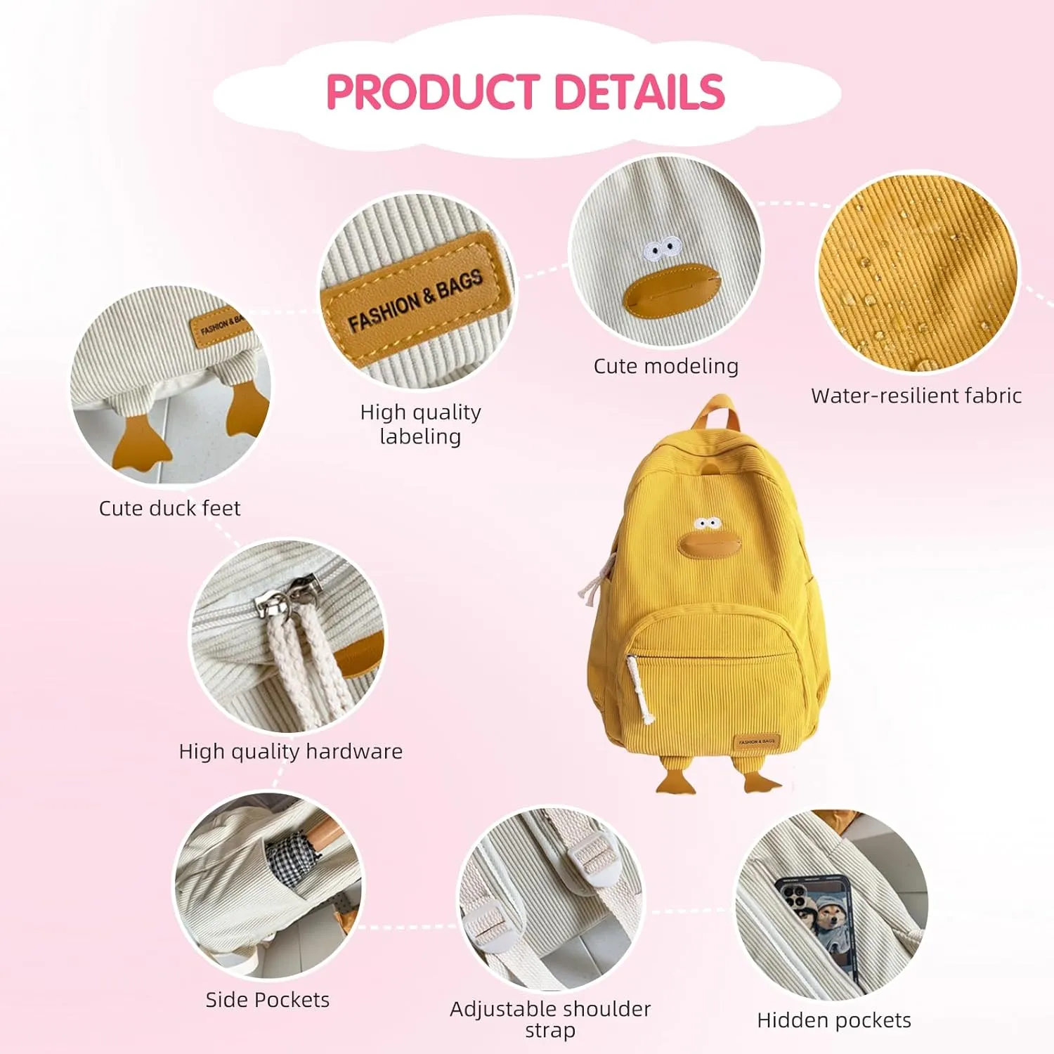 Duck Cute Backpack, Large Capacity Cute Funny Aesthetic Kawaii Corduroy Mochila (Black)