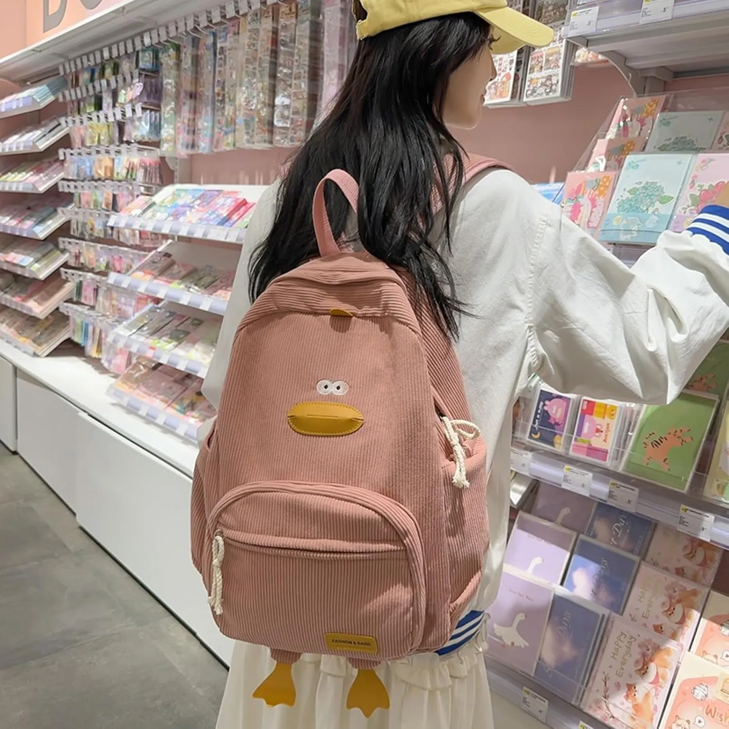 Duck Cute Backpack, Large Capacity Cute Funny Aesthetic Kawaii Corduroy Mochila (Black)