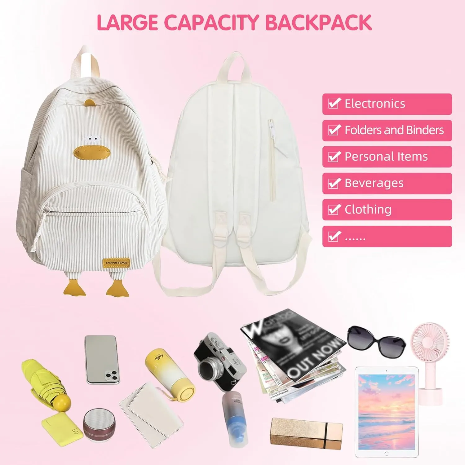 Duck Cute Backpack, Large Capacity Cute Funny Aesthetic Kawaii Corduroy Mochila (Black)