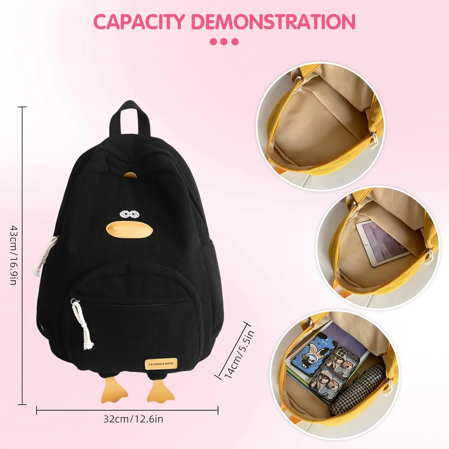 Duck Cute Backpack, Large Capacity Cute Funny Aesthetic Kawaii Corduroy Mochila (Yellow)