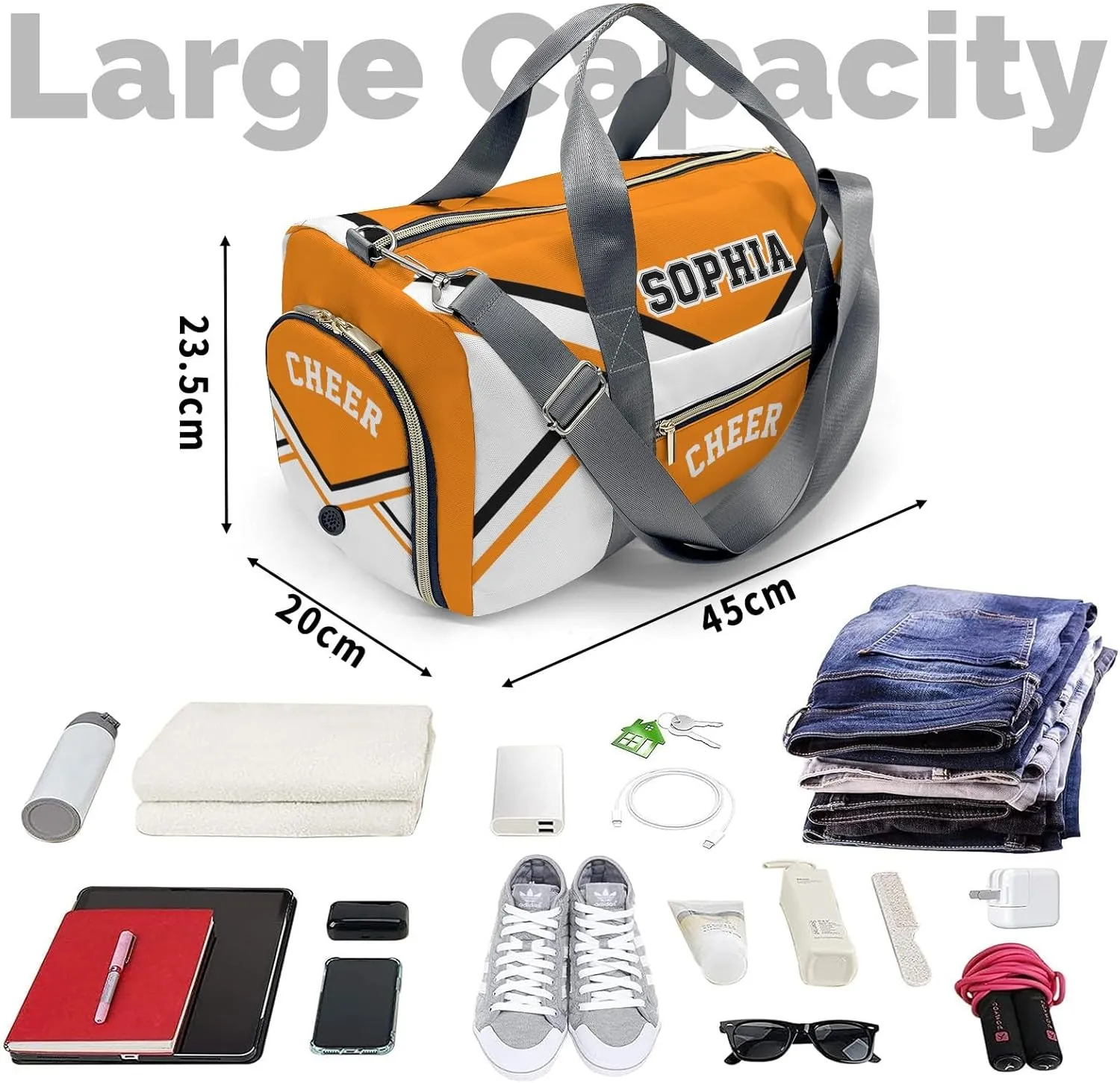 Duffel Backpack Cheer Orange White Cheerleader Waterproof Multifunctional Handbag Gym Yoga Sport with Name Gift