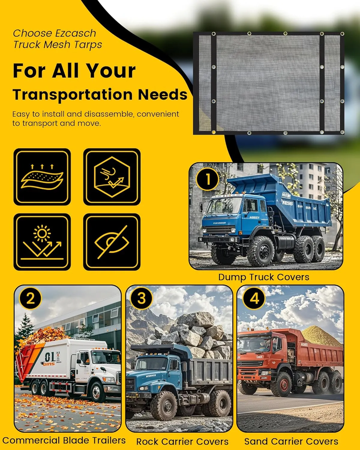 Dump Truck Mesh Tarp 8'x18' - Vinyl Coated Trailer Tarp 18oz With Two Pockets (3'' and 5'' Widths) and Grommets - Double-Stitched Edges for Transport