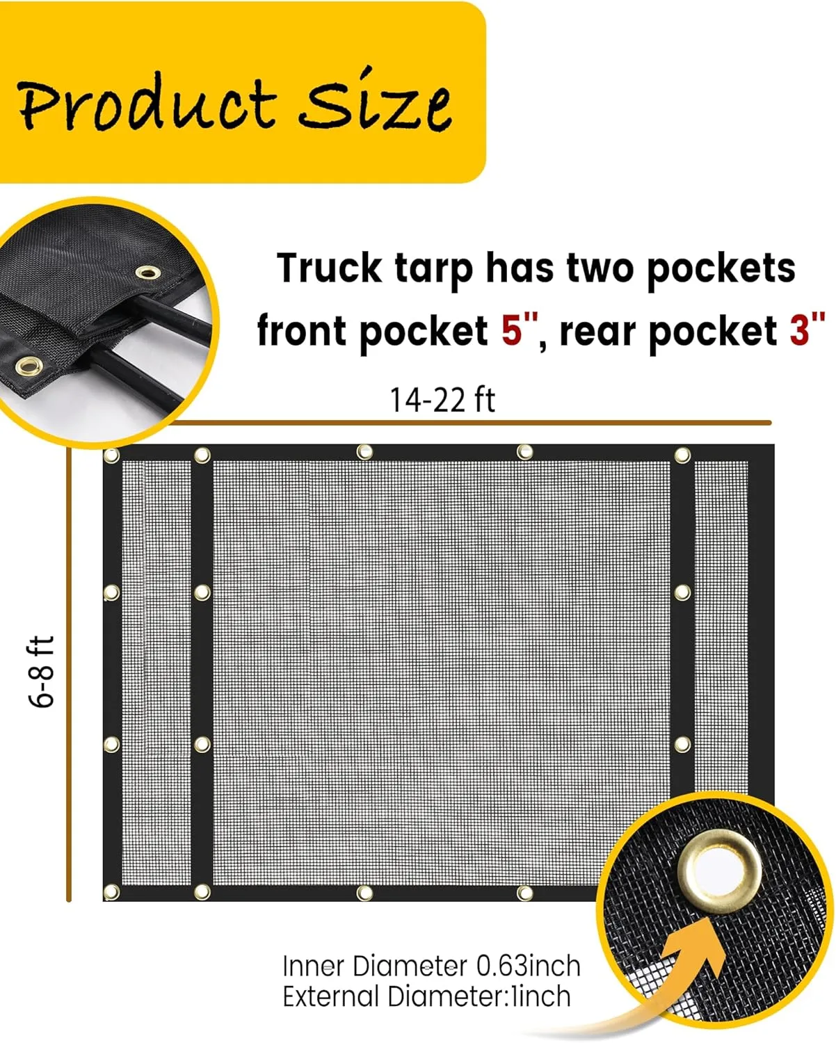 Dump Truck Mesh Tarp 8'x18' - Vinyl Coated Trailer Tarp 18oz With Two Pockets (3'' and 5'' Widths) and Grommets - Double-Stitched Edges for Transport