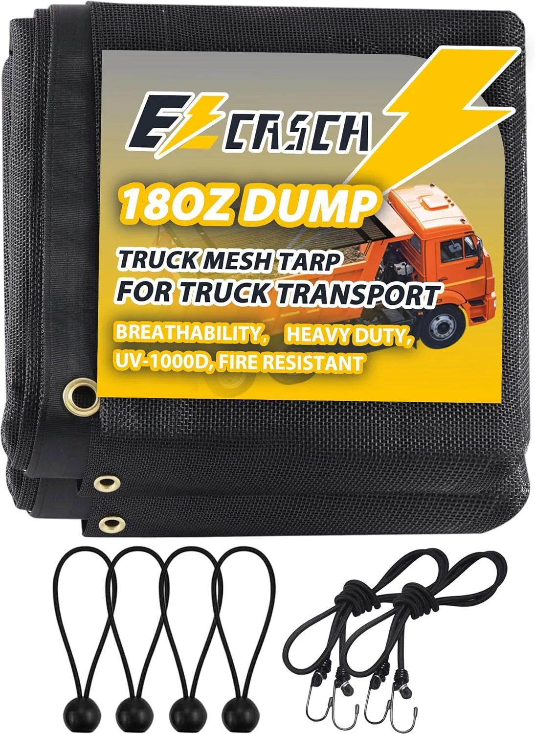 Dump Truck Mesh Tarp 8'x18' - Vinyl Coated Trailer Tarp 18oz With Two Pockets (3'' and 5'' Widths) and Grommets - Double-Stitched Edges for Transport