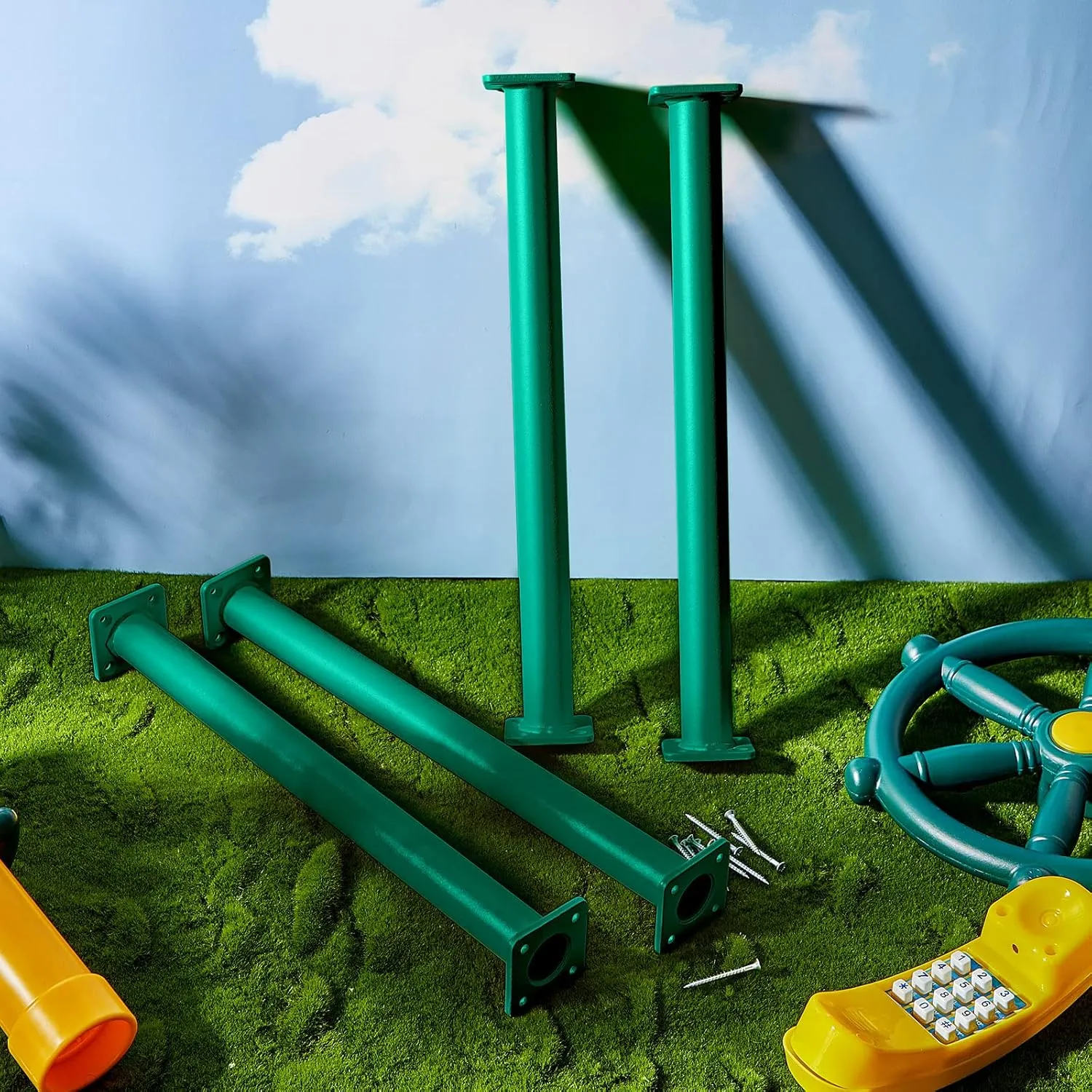 Dunzy 12 Pack Monkey Bars Swing Set Accessories Rods Playset Ladder Rungs Hardware Kit Steel Monkey Bar with Screws for Backyard Playground Equipment Mounting Plates(16.5 Inch,Green)