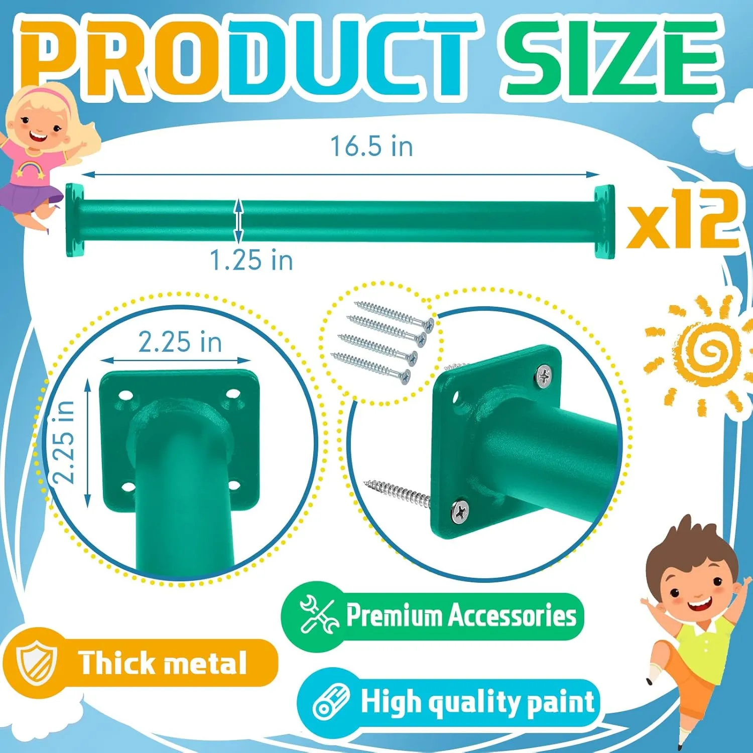 Dunzy 12 Pack Monkey Bars Swing Set Accessories Rods Playset Ladder Rungs Hardware Kit Steel Monkey Bar with Screws for Backyard Playground Equipment Mounting Plates(16.5 Inch,Green)