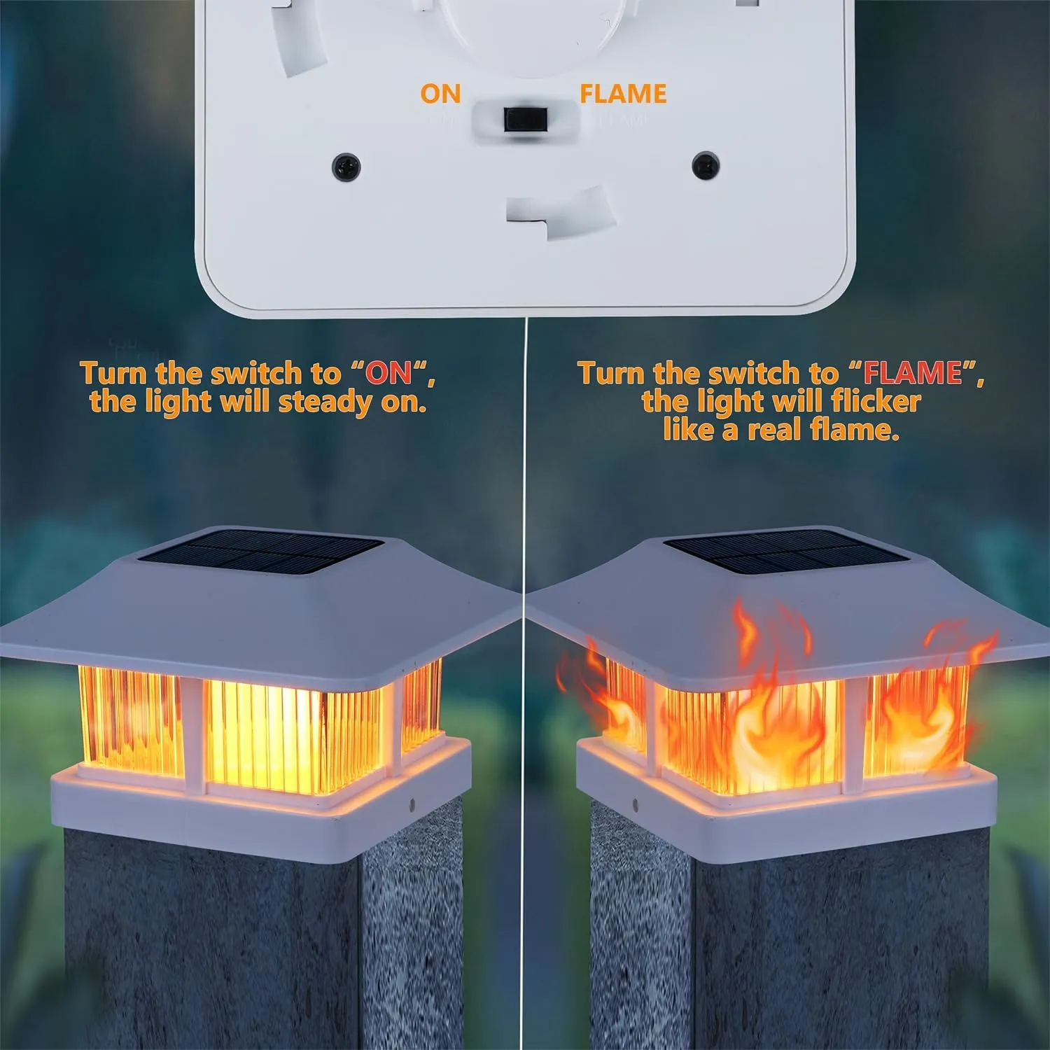 Dynaming Solar Flame Post Cap Lights Outdoor, Solar Powered White Shell Fence Post Light, Flickering Flame LED Lamps Waterproof for Garden Deck Patio, Fit 4x4, 5x5 or 6x6 Vinyl/Wooden Posts, 2 Pack