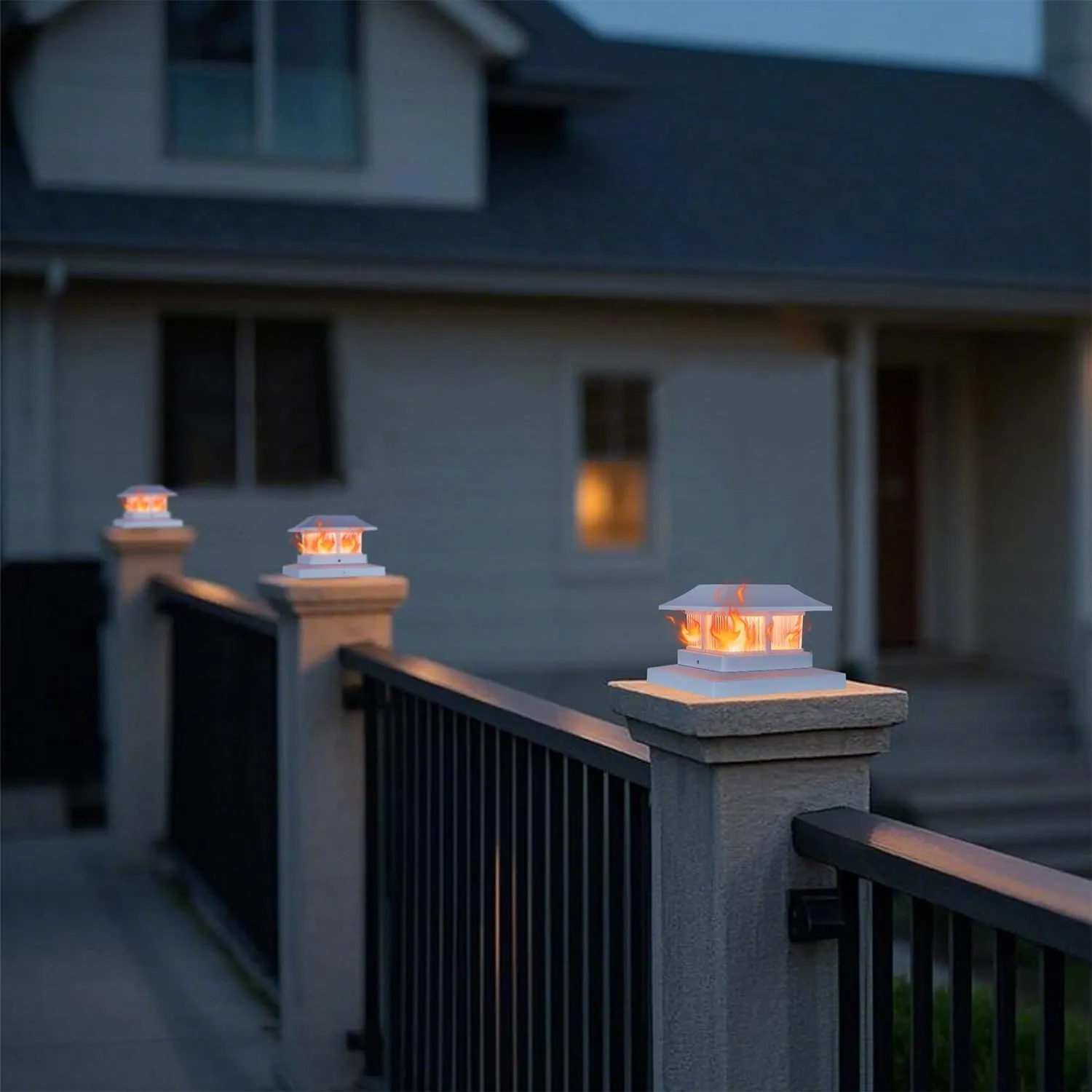 Dynaming Solar Flame Post Cap Lights Outdoor, Solar Powered White Shell Fence Post Light, Flickering Flame LED Lamps Waterproof for Garden Deck Patio, Fit 4x4, 5x5 or 6x6 Vinyl/Wooden Posts, 2 Pack