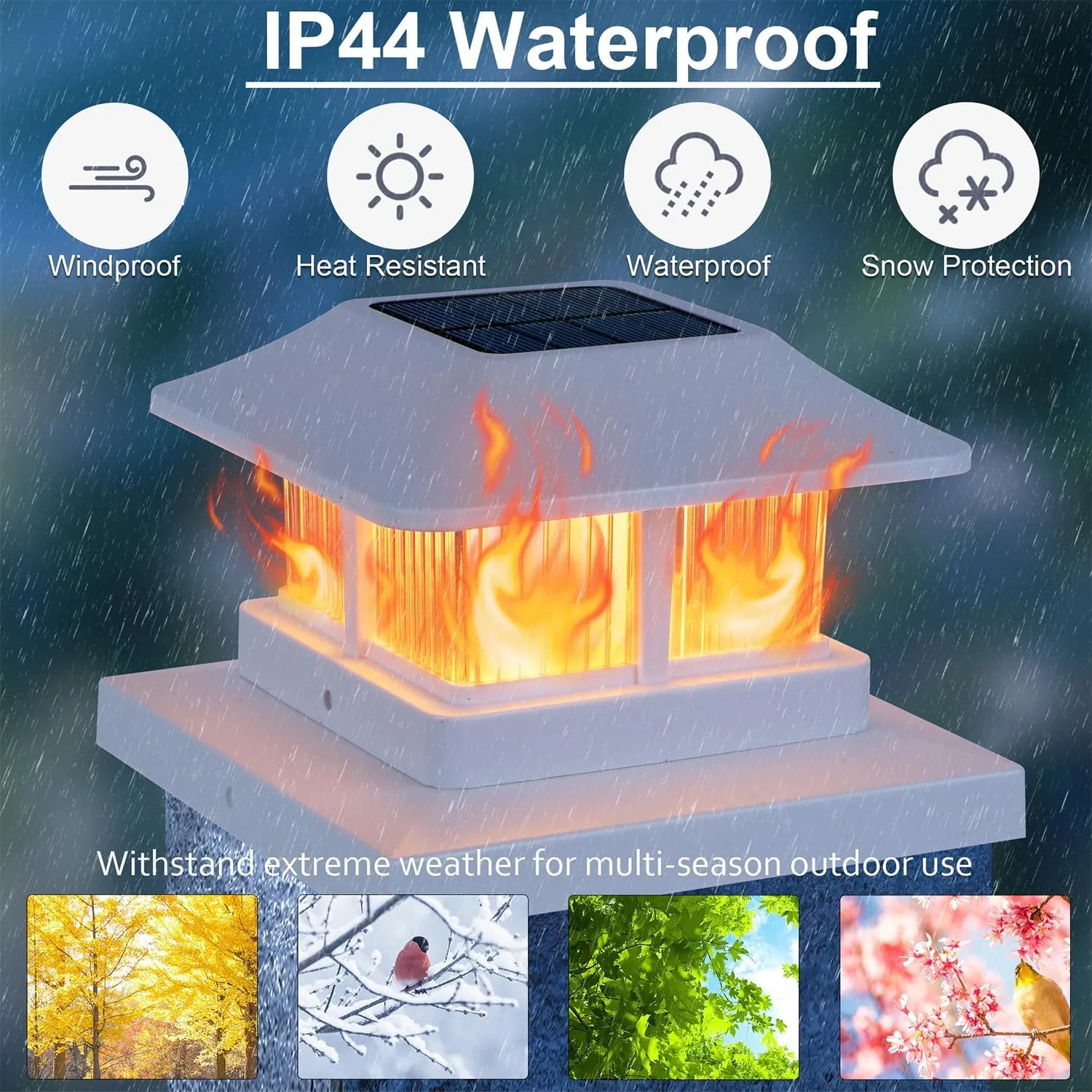Dynaming Solar Flame Post Cap Lights Outdoor, Solar Powered White Shell Fence Post Light, Flickering Flame LED Lamps Waterproof for Garden Deck Patio, Fit 4x4, 5x5 or 6x6 Vinyl/Wooden Posts, 2 Pack