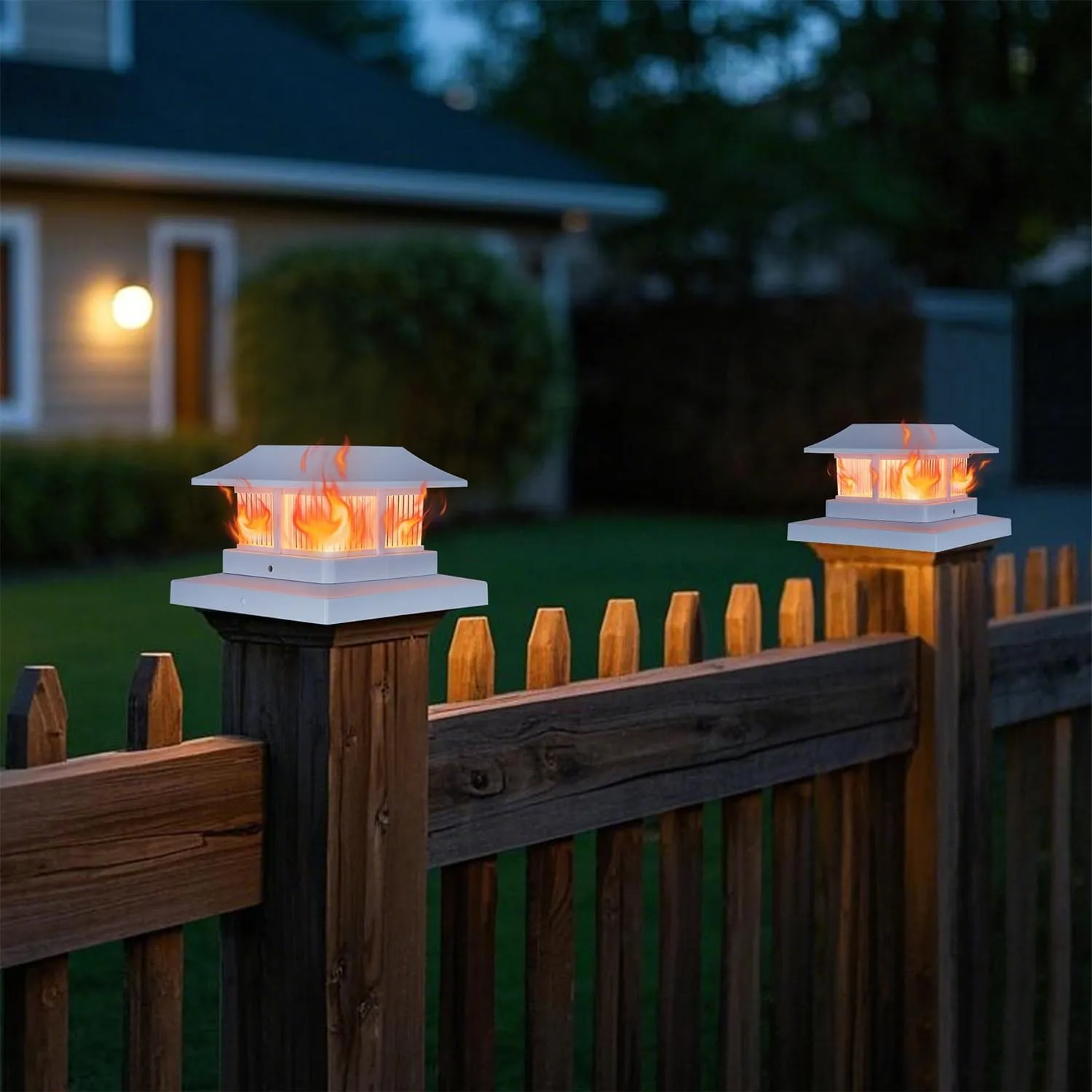 Dynaming Solar Flame Post Cap Lights Outdoor, Solar Powered White Shell Fence Post Light, Flickering Flame LED Lamps Waterproof for Garden Deck Patio, Fit 4x4, 5x5 or 6x6 Vinyl/Wooden Posts, 2 Pack