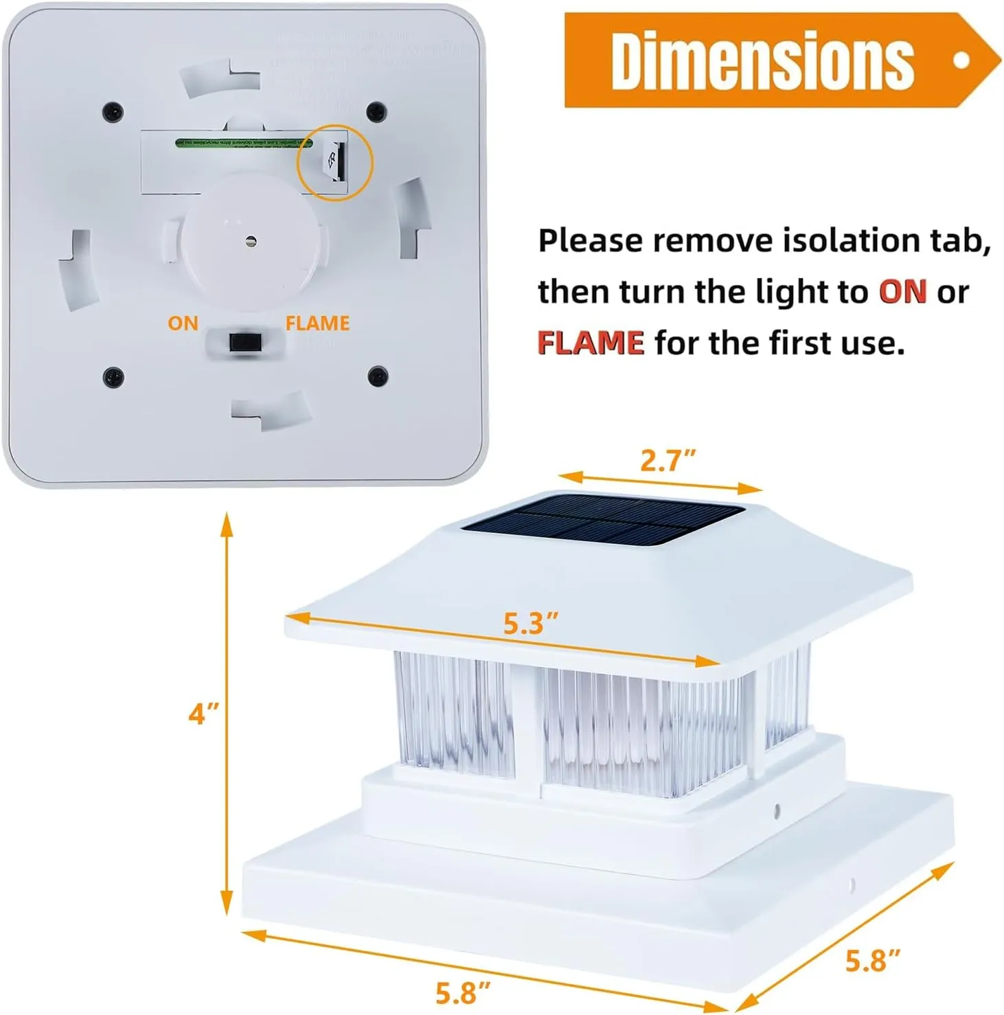 Dynaming Solar Flame Post Cap Lights Outdoor, Solar Powered White Shell Fence Post Light, Flickering Flame LED Lamps Waterproof for Garden Deck Patio, Fit 4x4, 5x5 or 6x6 Vinyl/Wooden Posts, 2 Pack