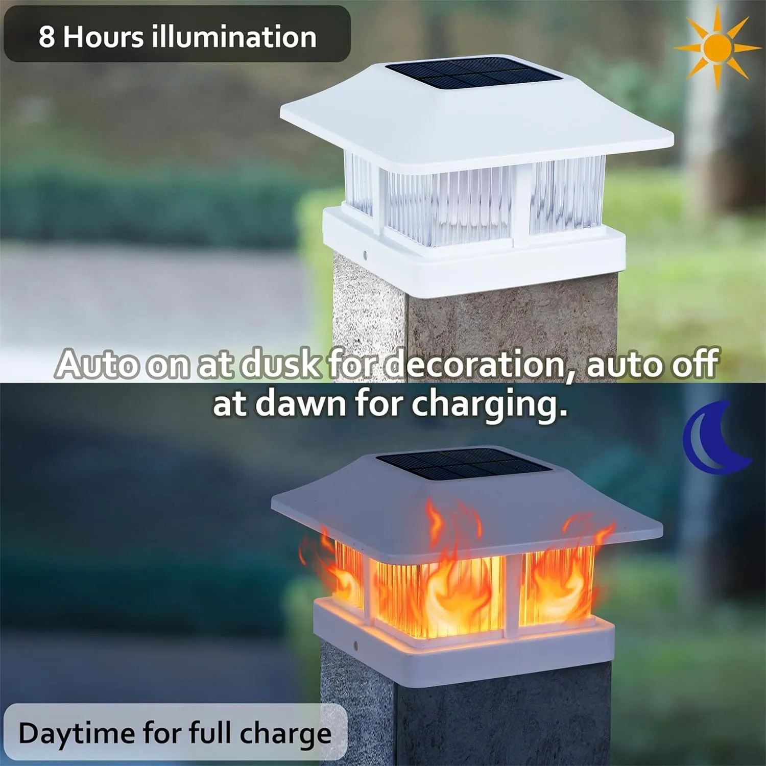 Dynaming Solar Flame Post Cap Lights Outdoor, Solar Powered White Shell Fence Post Light, Flickering Flame LED Lamps Waterproof for Garden Deck Patio, Fit 4x4, 5x5 or 6x6 Vinyl/Wooden Posts, 2 Pack